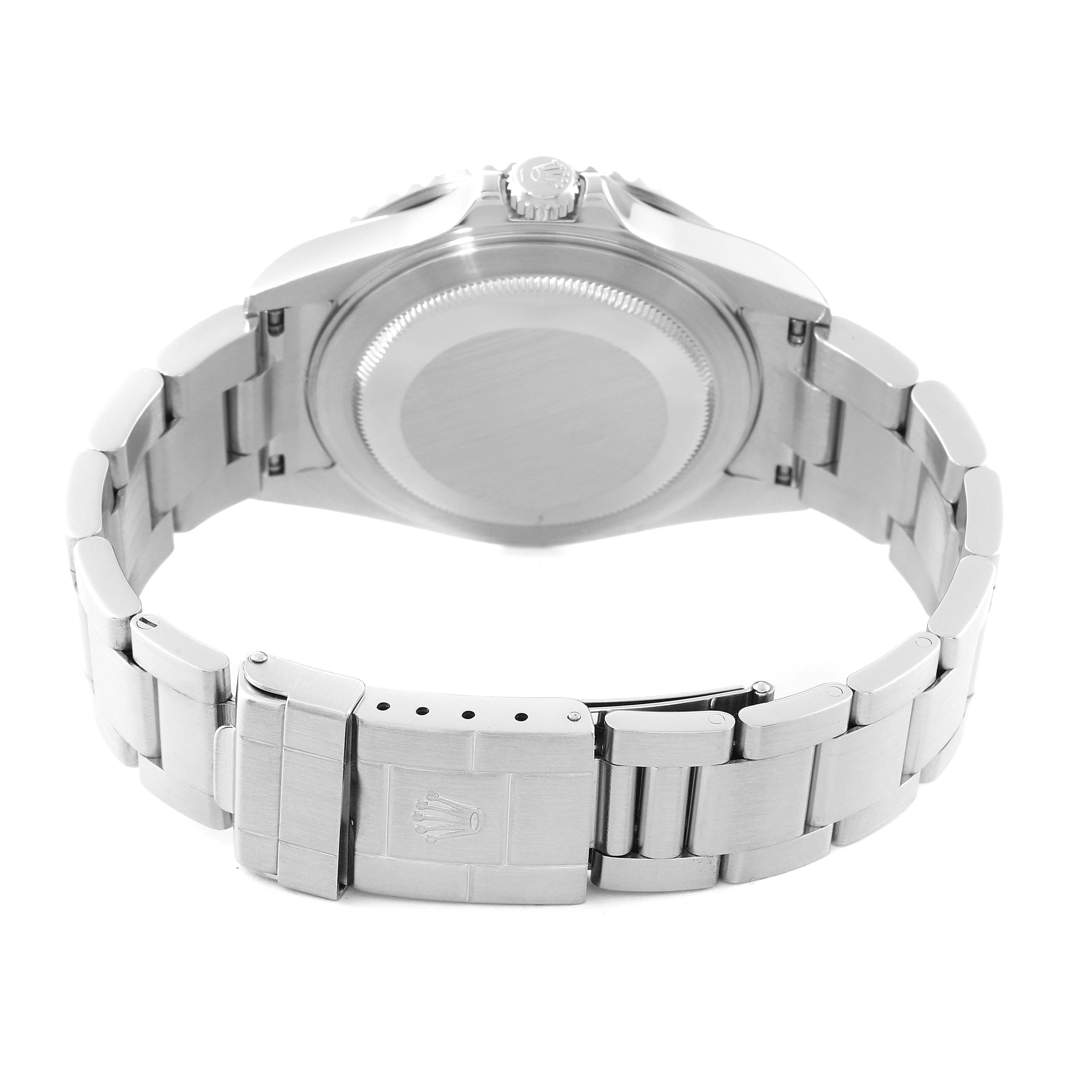 This image shows the back case and the bracelet clasp of a Rolex GMT-Master 16710 Men's Stainless Steel Black Dial 16710 Men's Stainless Steel Black Dial watch, viewed from the rear angle.