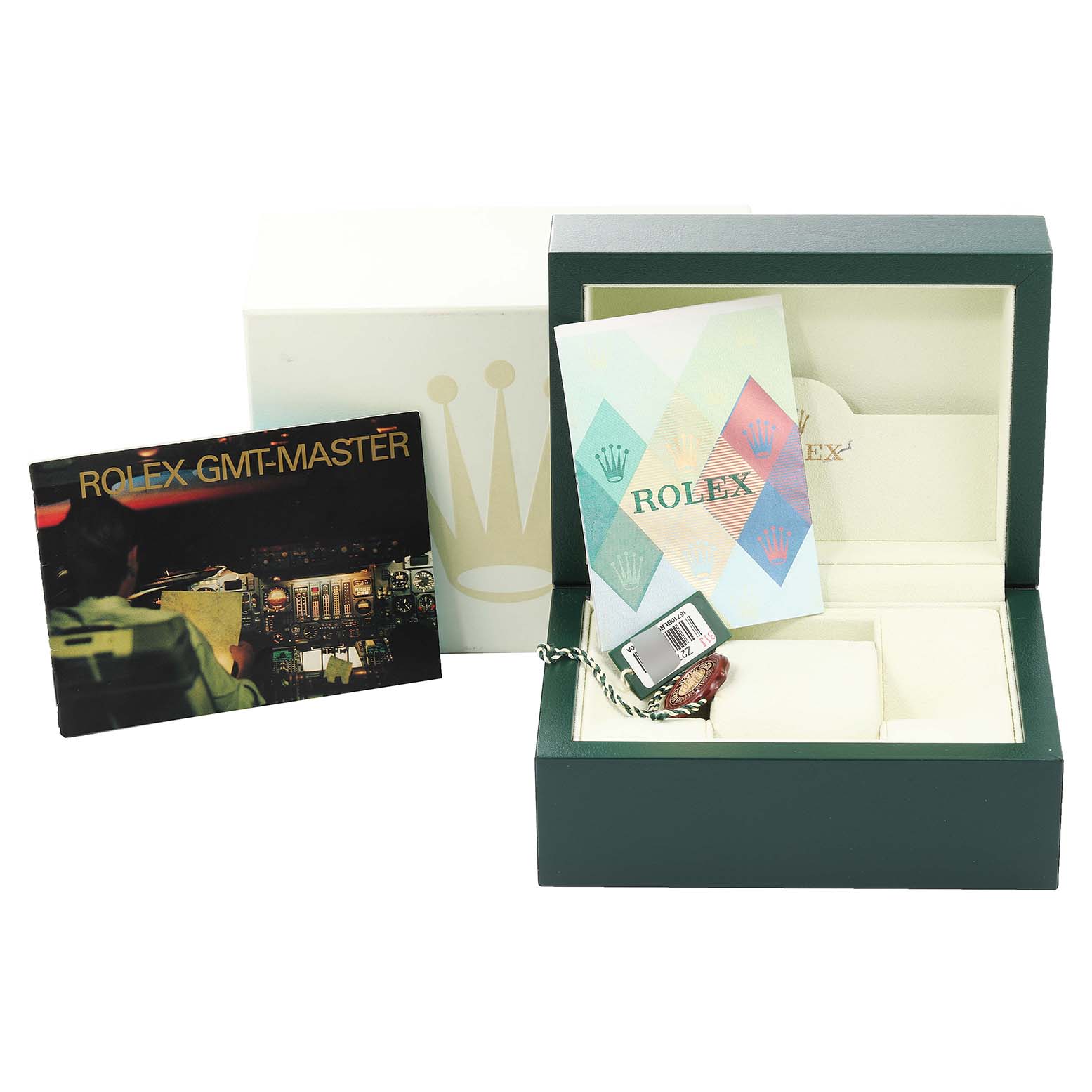 The image shows a Rolex GMT-Master 16710 Men
s Stainless Steel Black Dial 16710 Men
s Stainless Steel Black Dial box, manual, guarantee card, and hang tag from a front angle.