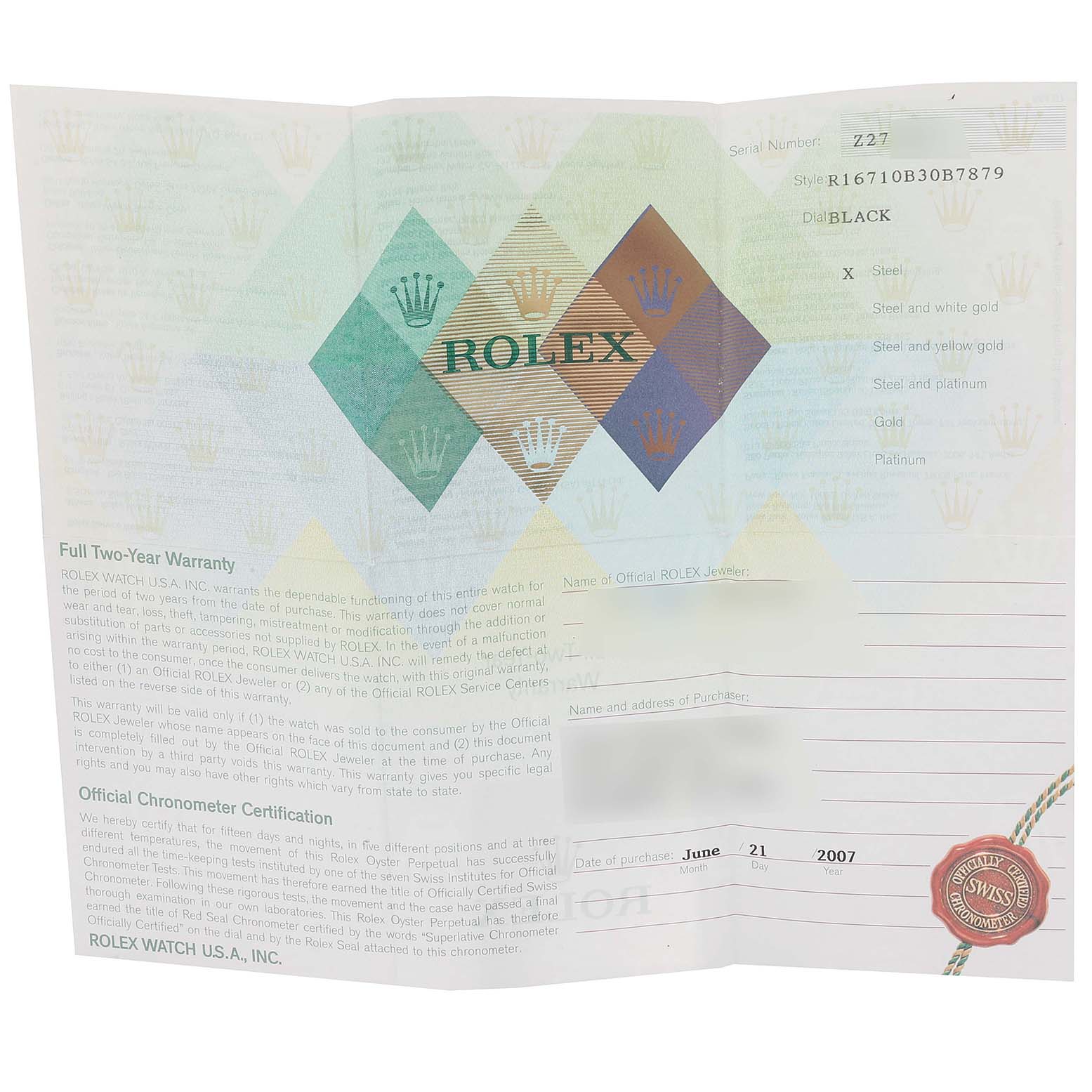 This image shows the warranty card and chronometer certification for a Rolex GMT-Master 16710 Men
s Stainless Steel Black Dial 16710 Men
s Stainless Steel Black Dial watch.