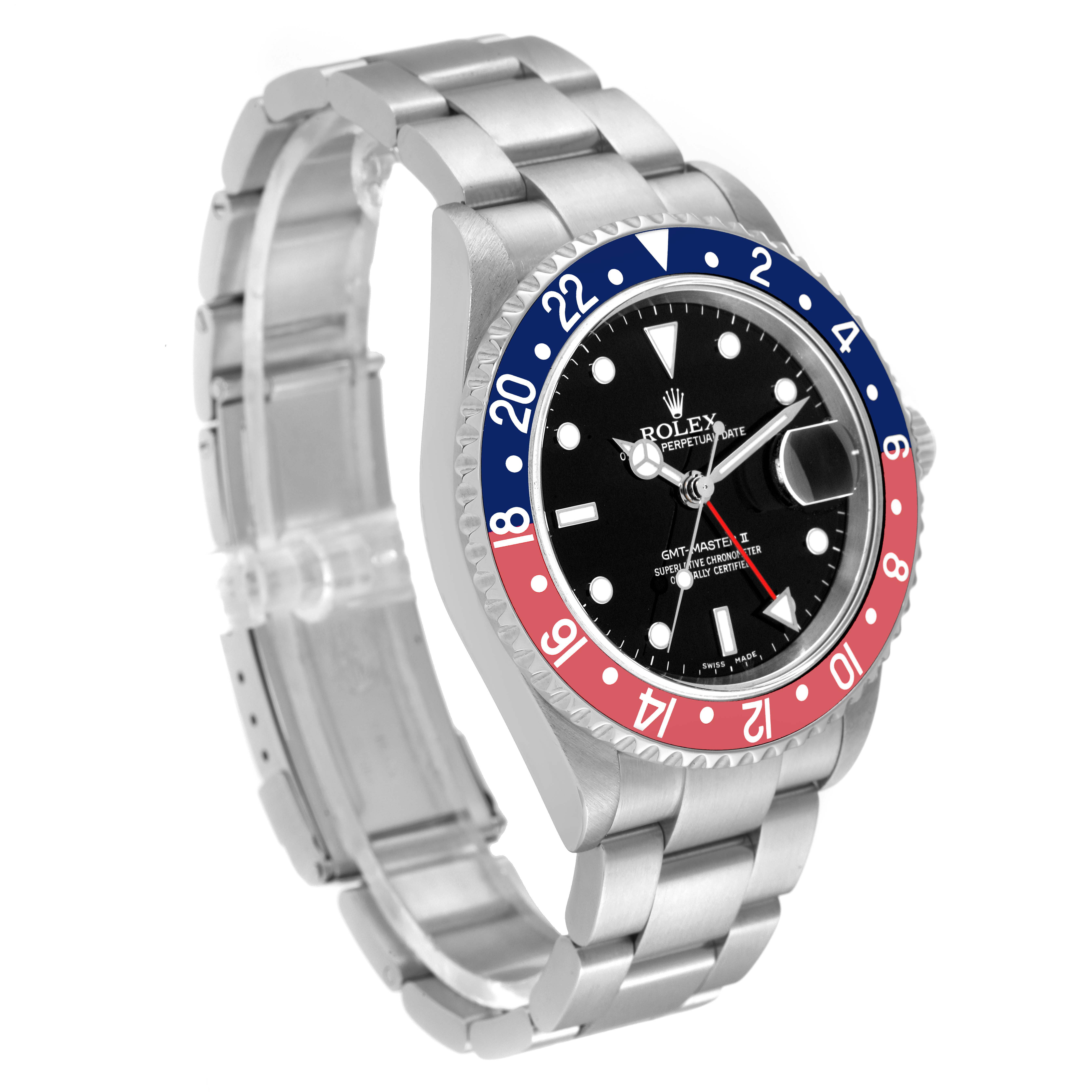 This image shows a Rolex GMT-Master 16710 Men
s Stainless Steel Black Dial 16710 Men
s Stainless Steel Black Dial watch at a slight side angle showcasing the bracelet, bezel, and dial.