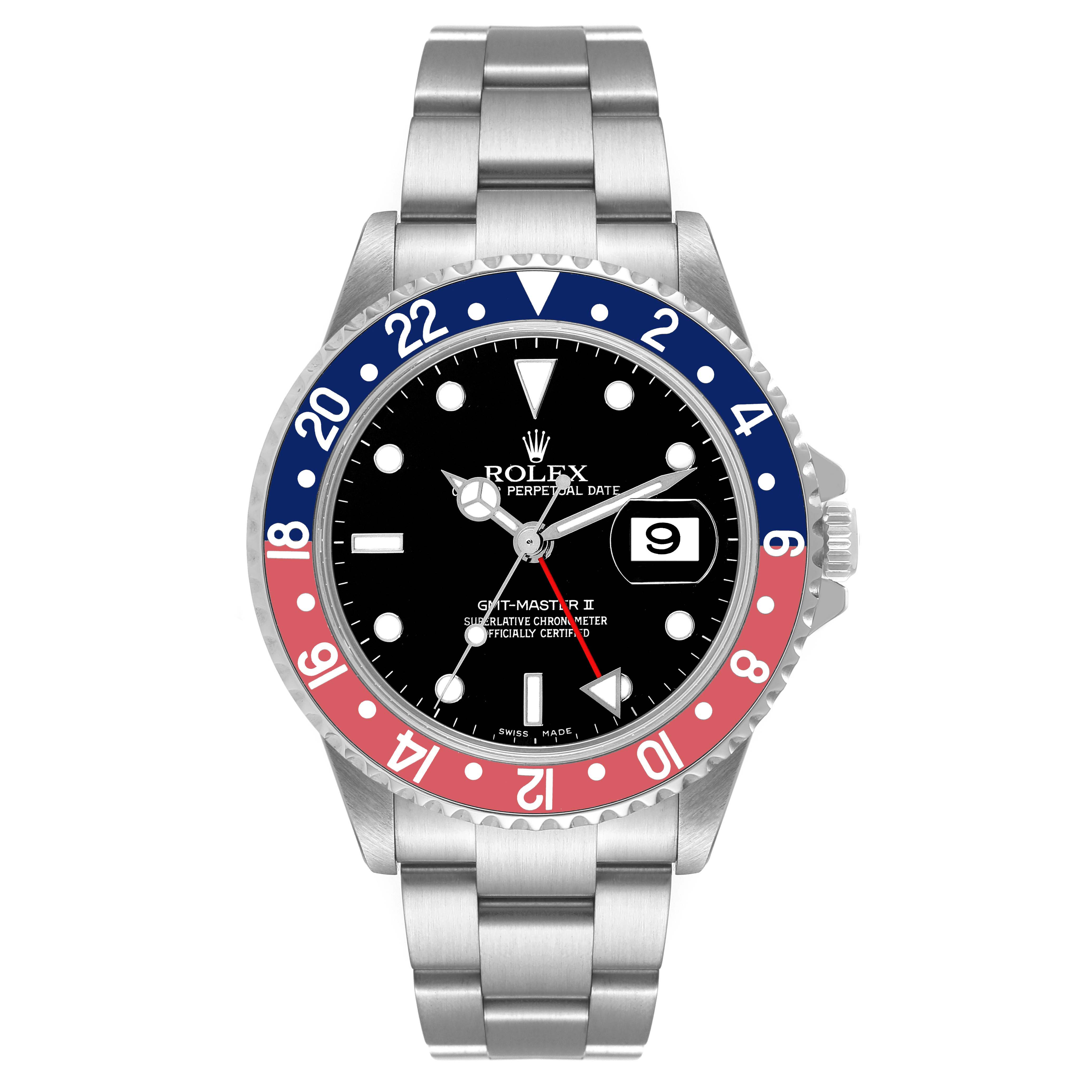This image shows the front view of a Rolex GMT-Master 16710 Men
s Stainless Steel Black Dial 16710 Men
s Stainless Steel Black Dial II watch, highlighting the dial, bezel, and bracelet.