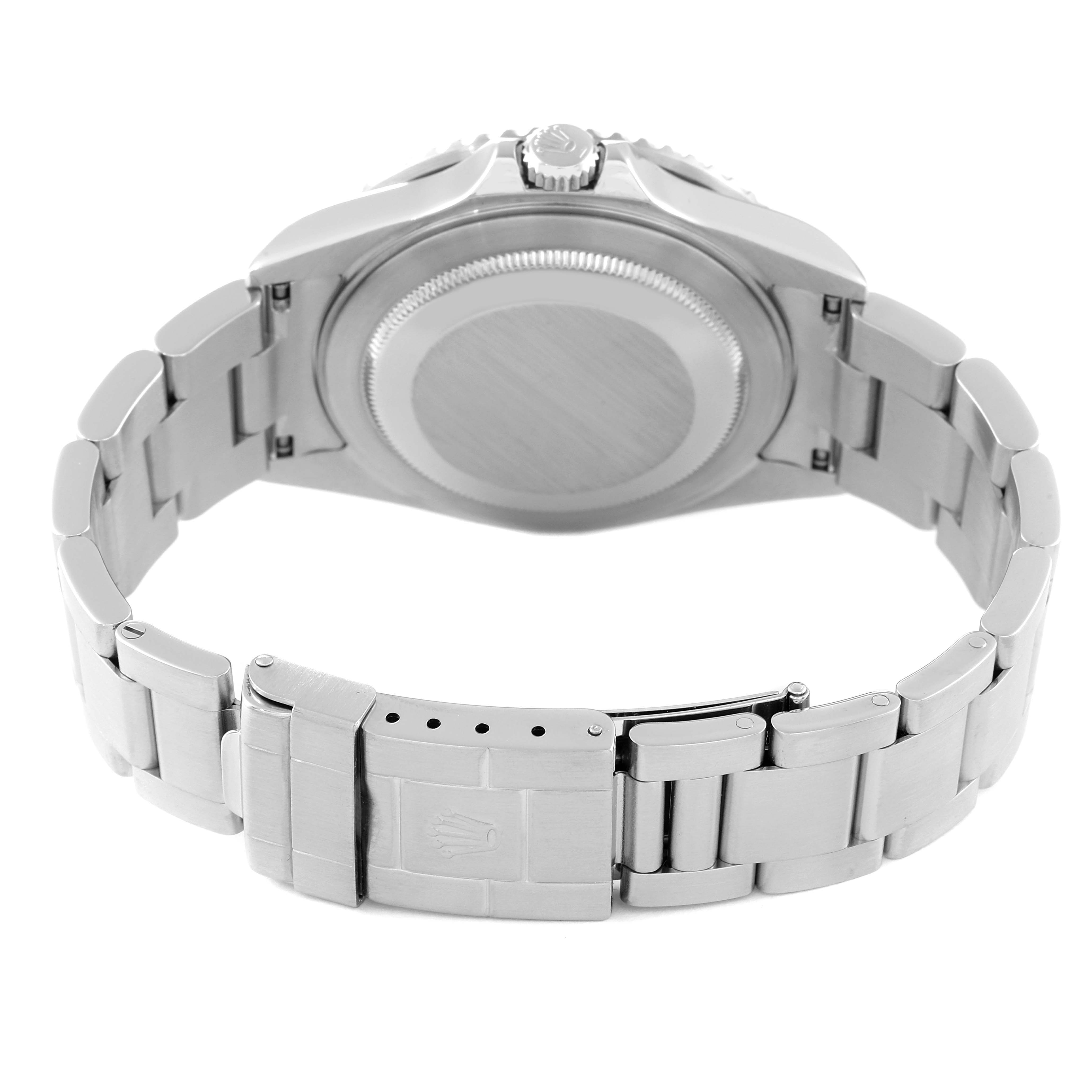 This image shows the back case and bracelet clasp of a Rolex GMT-Master 16710 Men
s Stainless Steel Black Dial 16710 Men
s Stainless Steel Black Dial watch from a rear angle.