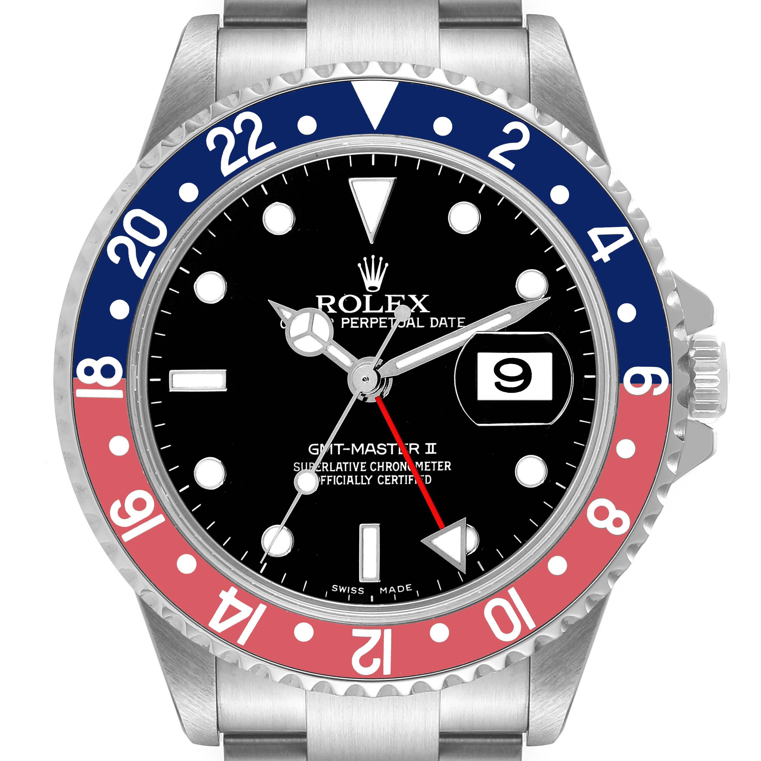 The image shows a front view of the Rolex GMT-Master 16710 Men
s Stainless Steel Black Dial 16710 Men
s Stainless Steel Black Dial II watch, highlighting its bezel, dial, and date window.