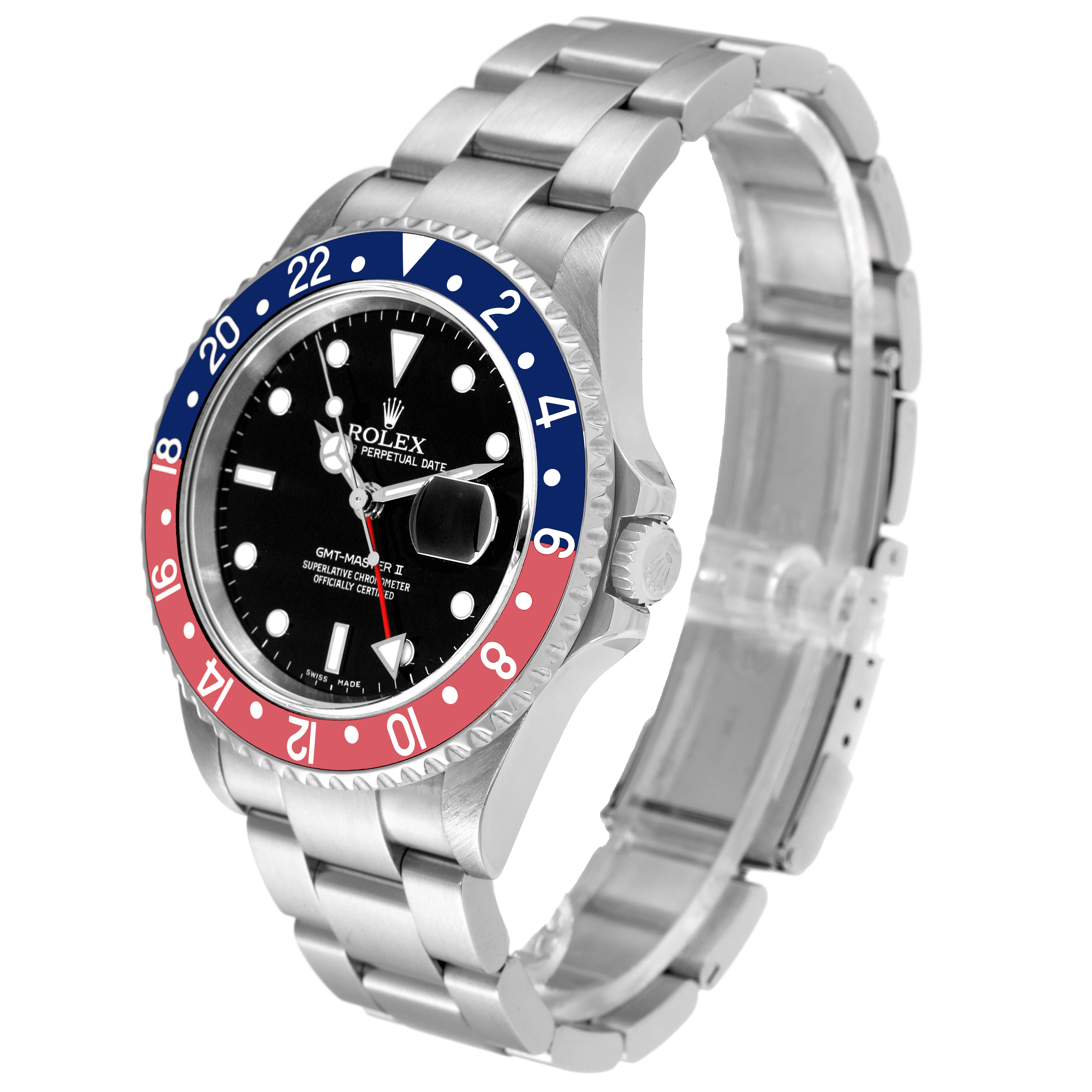 The image shows a side angle of the Rolex GMT-Master 16710 Men
s Stainless Steel Black Dial 16710 Men
s Stainless Steel Black Dial watch, highlighting its bezel, dial, and bracelet.