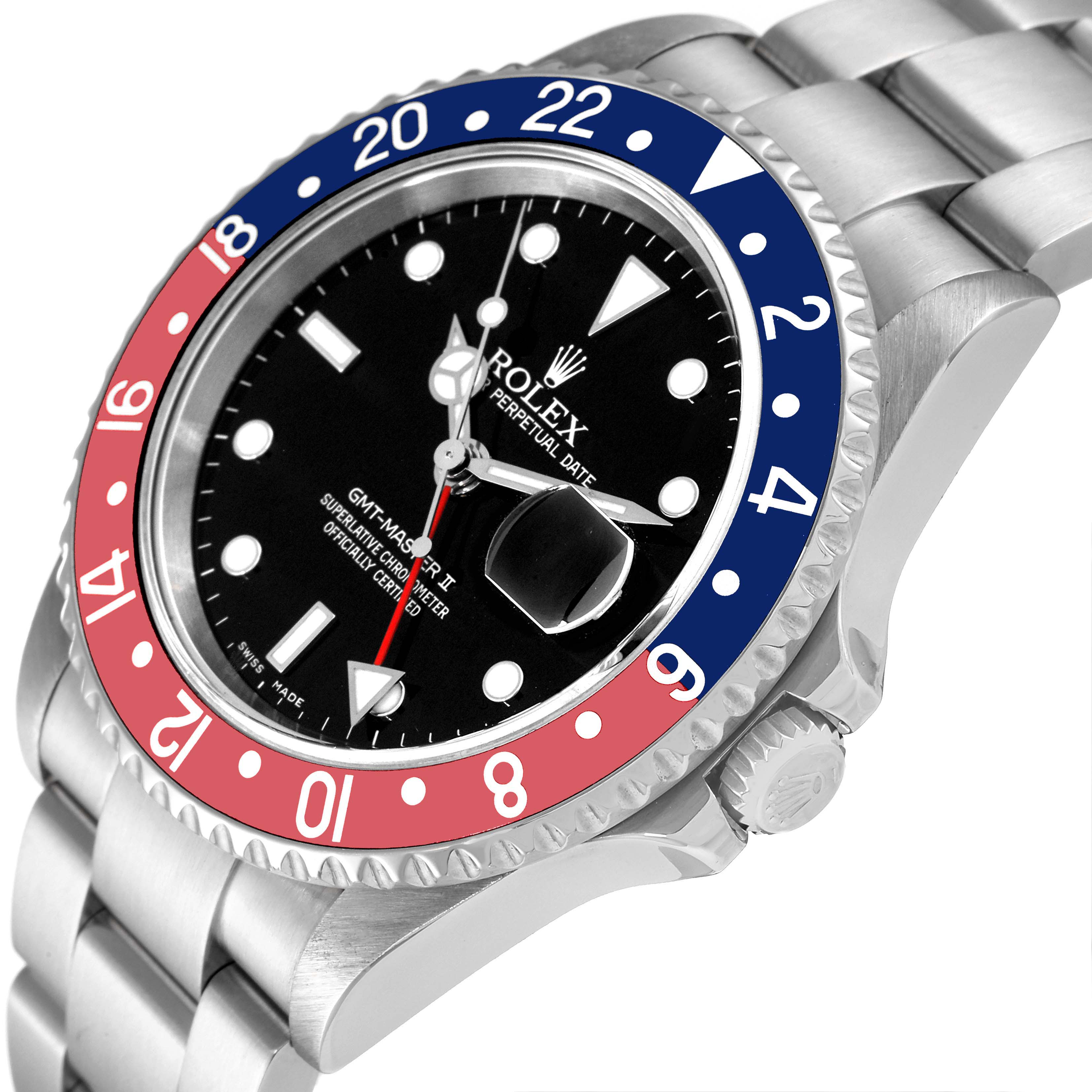 The image shows a close-up angle of the Rolex GMT-Master 16710 Men
s Stainless Steel Black Dial 16710 Men
s Stainless Steel Black Dial II watch, highlighting its bezel, crown, and dial.