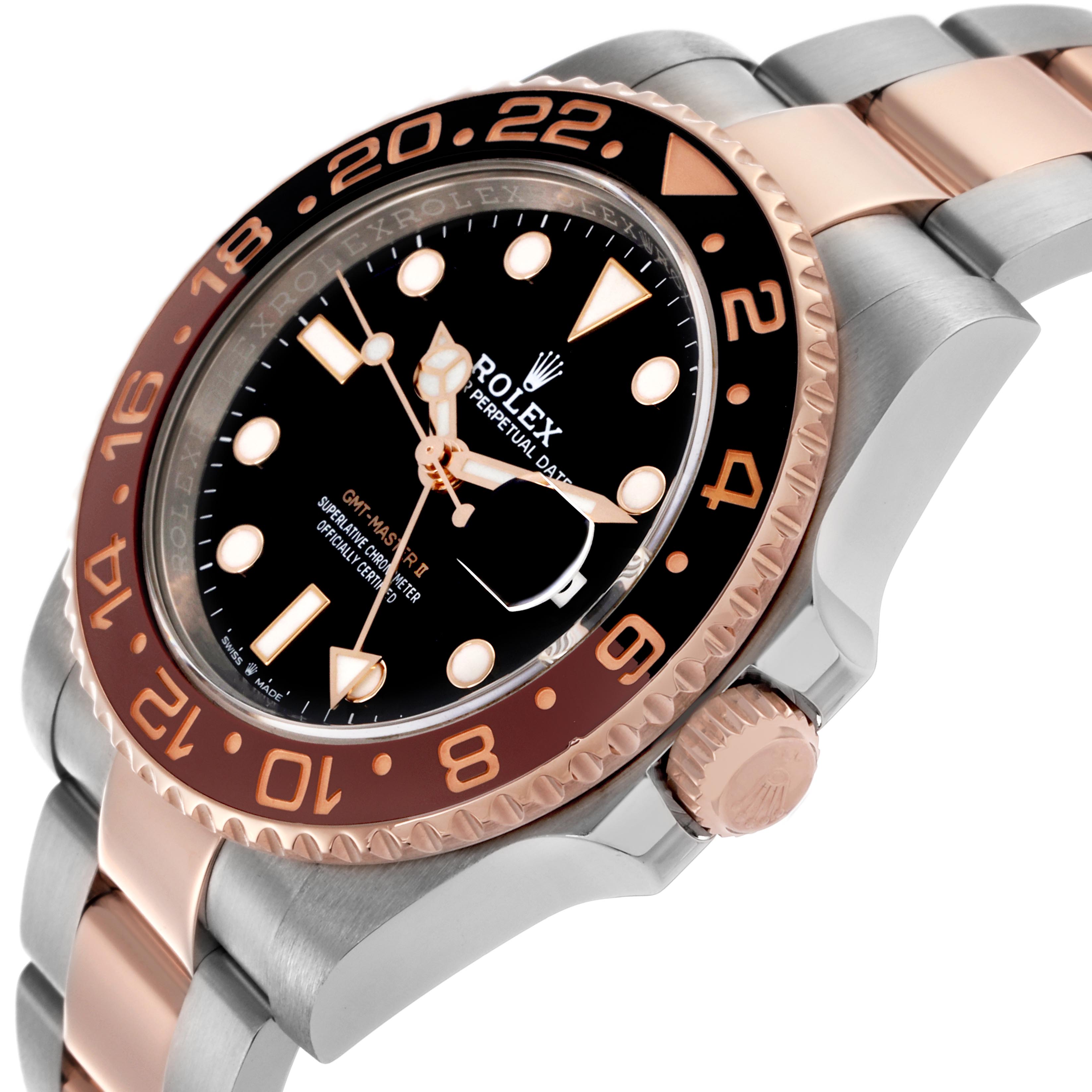 The Rolex GMT-Master II model 126711 is shown from a side angle, highlighting its two-tone bracelet, black and brown bezel, and black dial with markings.