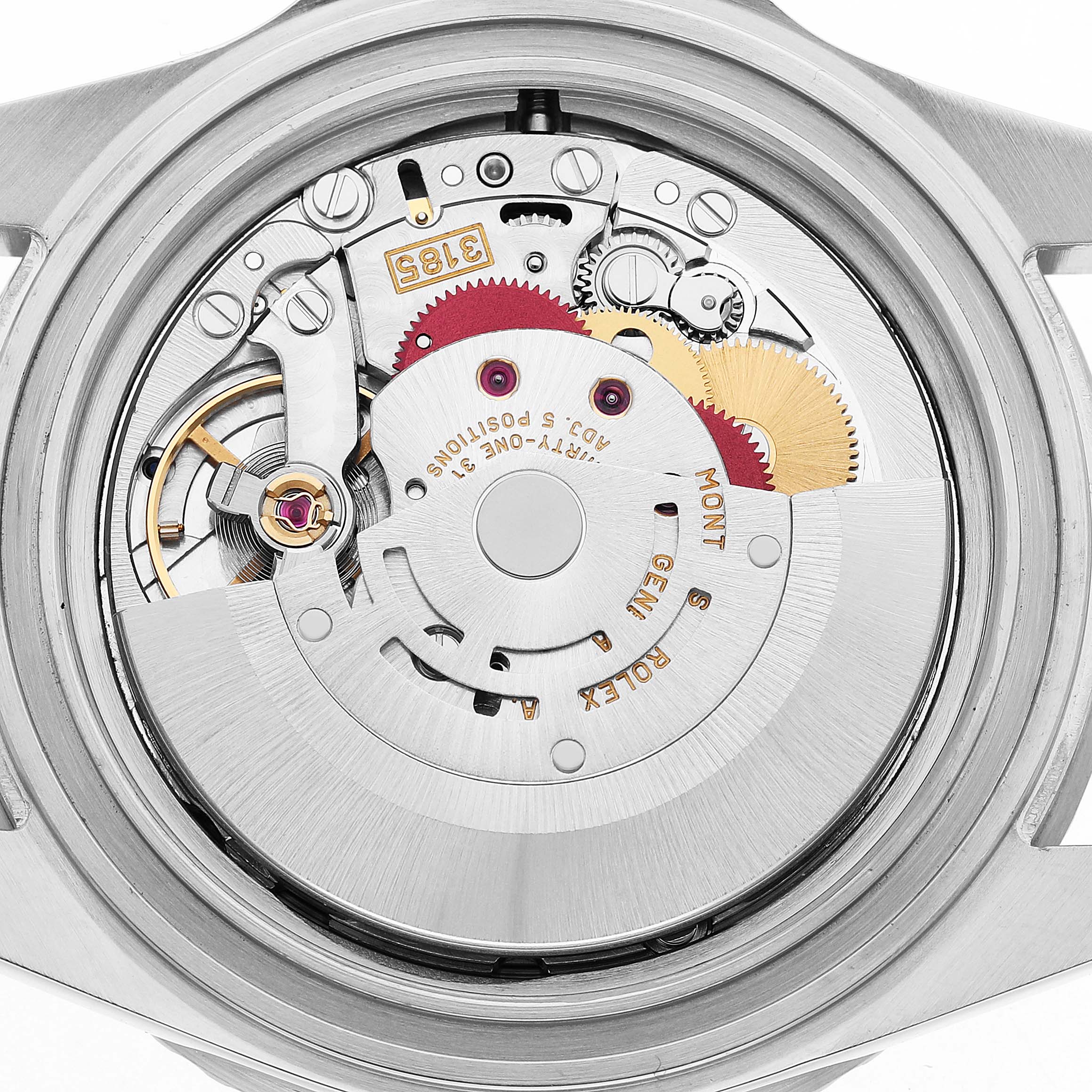 The image shows the movement of a Rolex GMT-Master 16710 Men's Stainless Steel Black Dial watch from a rear angle, highlighting gears and components.