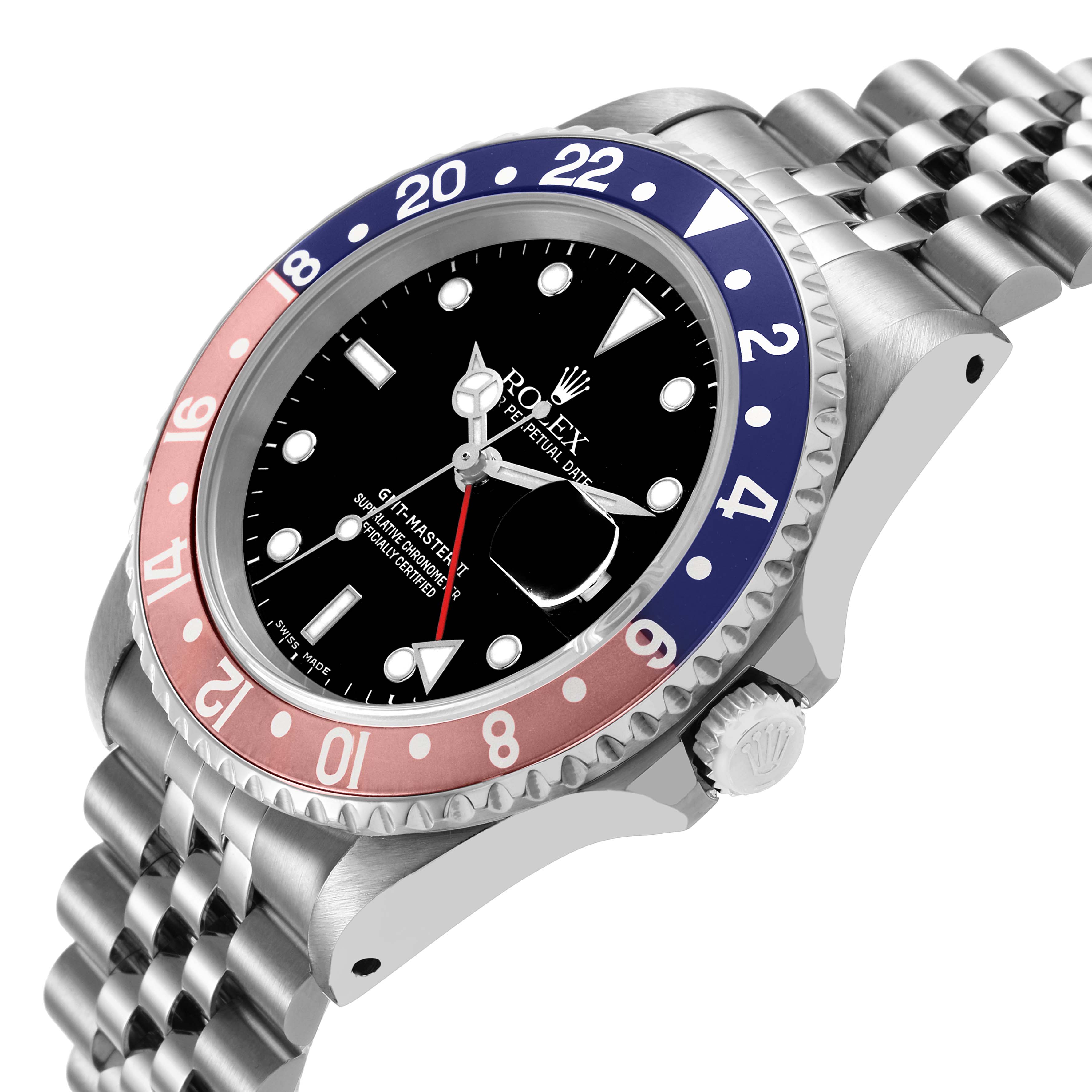 The Rolex GMT-Master 16710 Men's Stainless Steel Black Dial is shown at a three-quarter angle, displaying the bezel, dial, crown, and part of the jubilee bracelet.