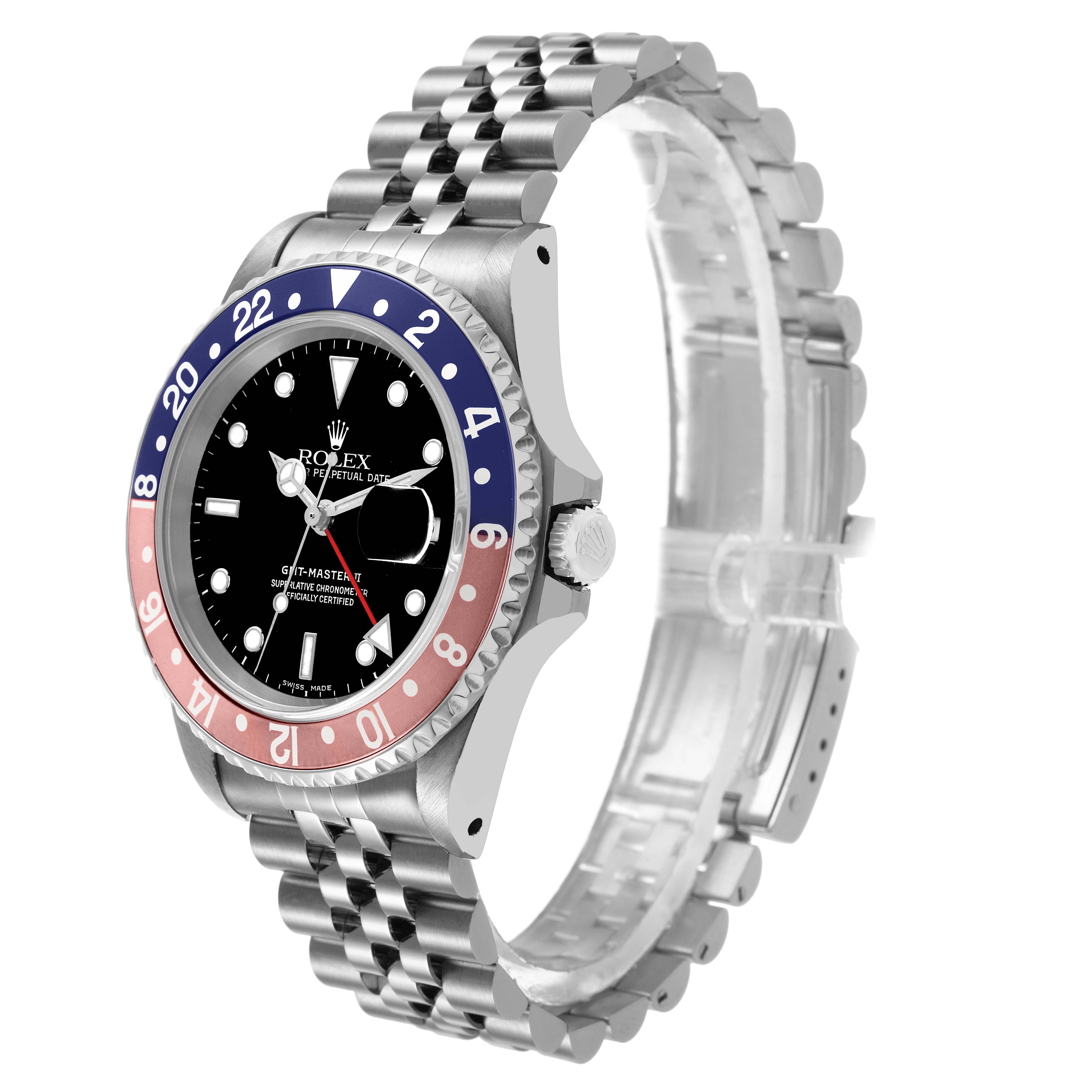 The Rolex GMT-Master 16710 Men's Stainless Steel Black Dial watch is shown at an angled front view, displaying the bezel, case, dial, and Jubilee bracelet.