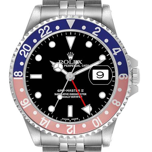 The Rolex GMT-Master 16710 Men's Stainless Steel Black Dial model is shown front-on, displaying the bezel, dial, hands, and date window in detail.