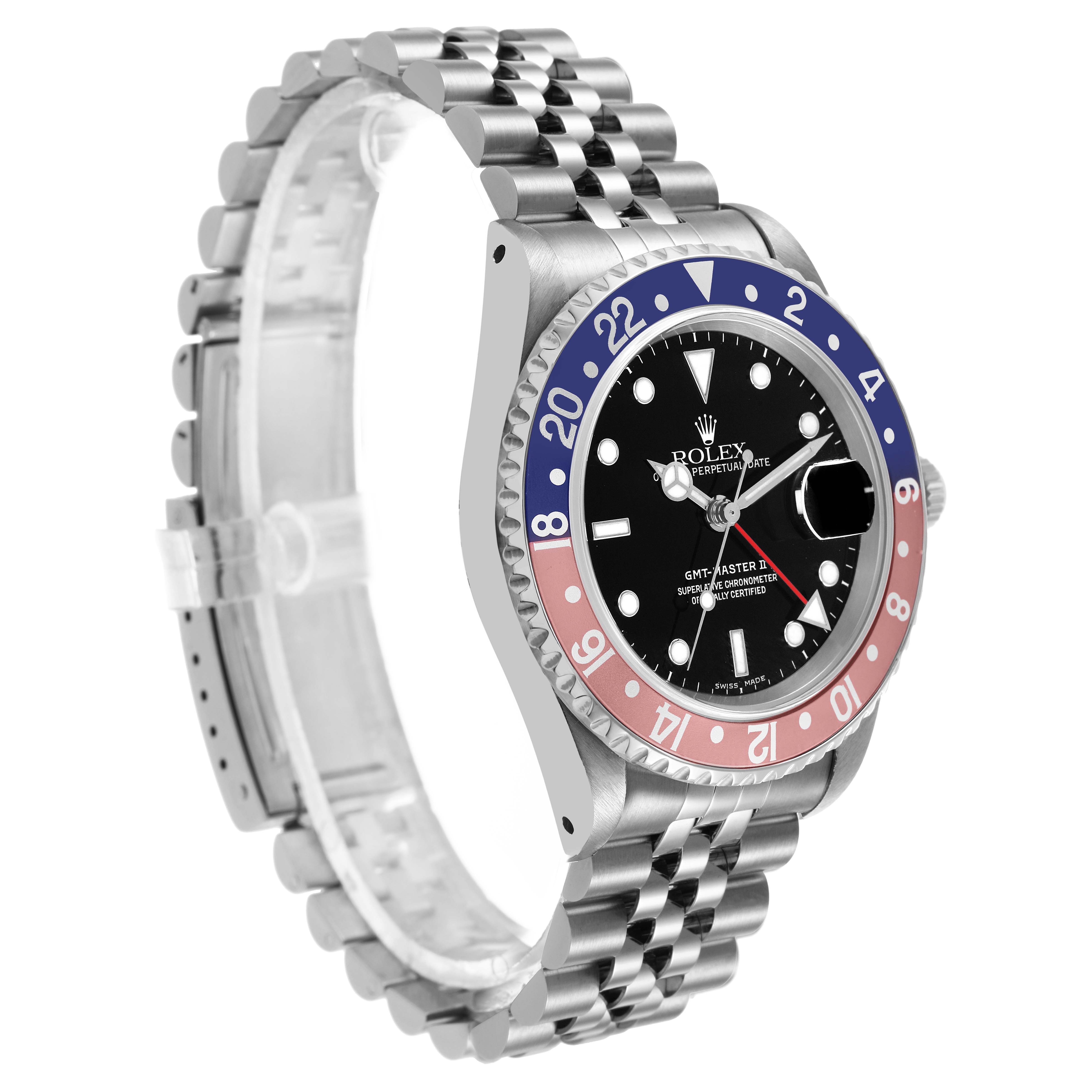 The Rolex GMT-Master 16710 Men's Stainless Steel Black Dial watch is shown at a three-quarter angle, highlighting the bezel, dial, crown, and jubilee bracelet.