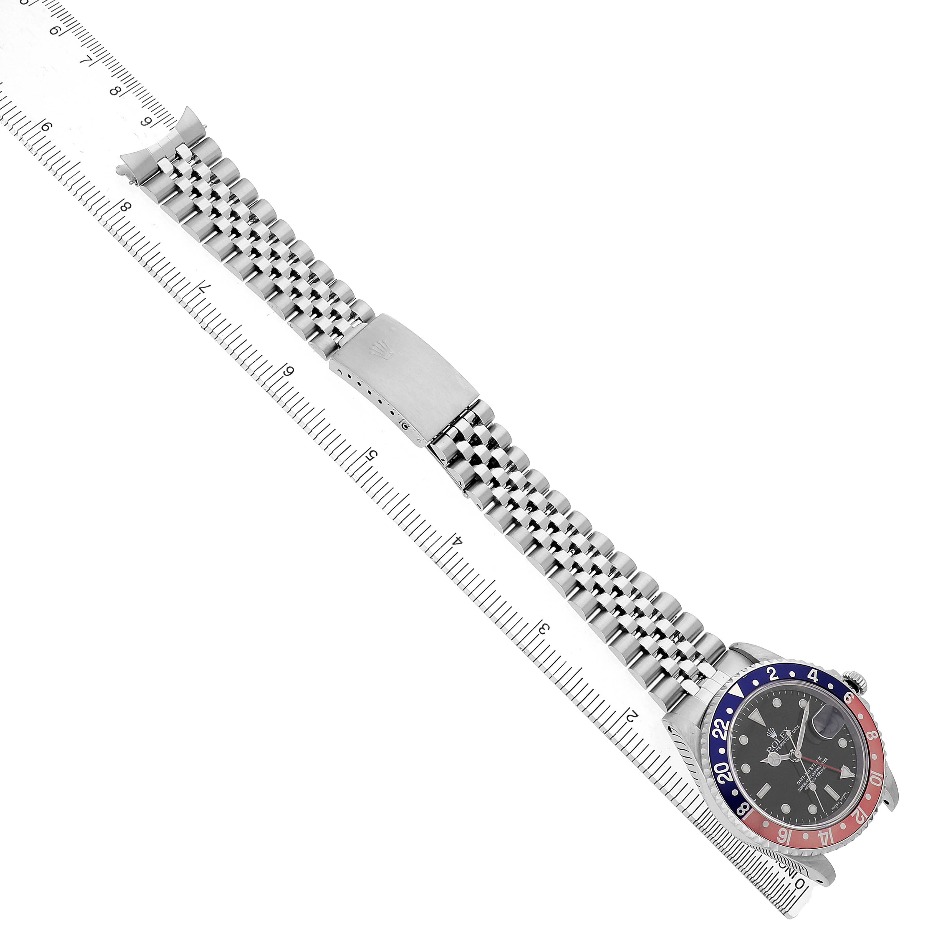 The Rolex GMT-Master 16710 Men's Stainless Steel Black Dial watch is shown at an angled top-down view, highlighting the bracelet, clasp, and bezel.
