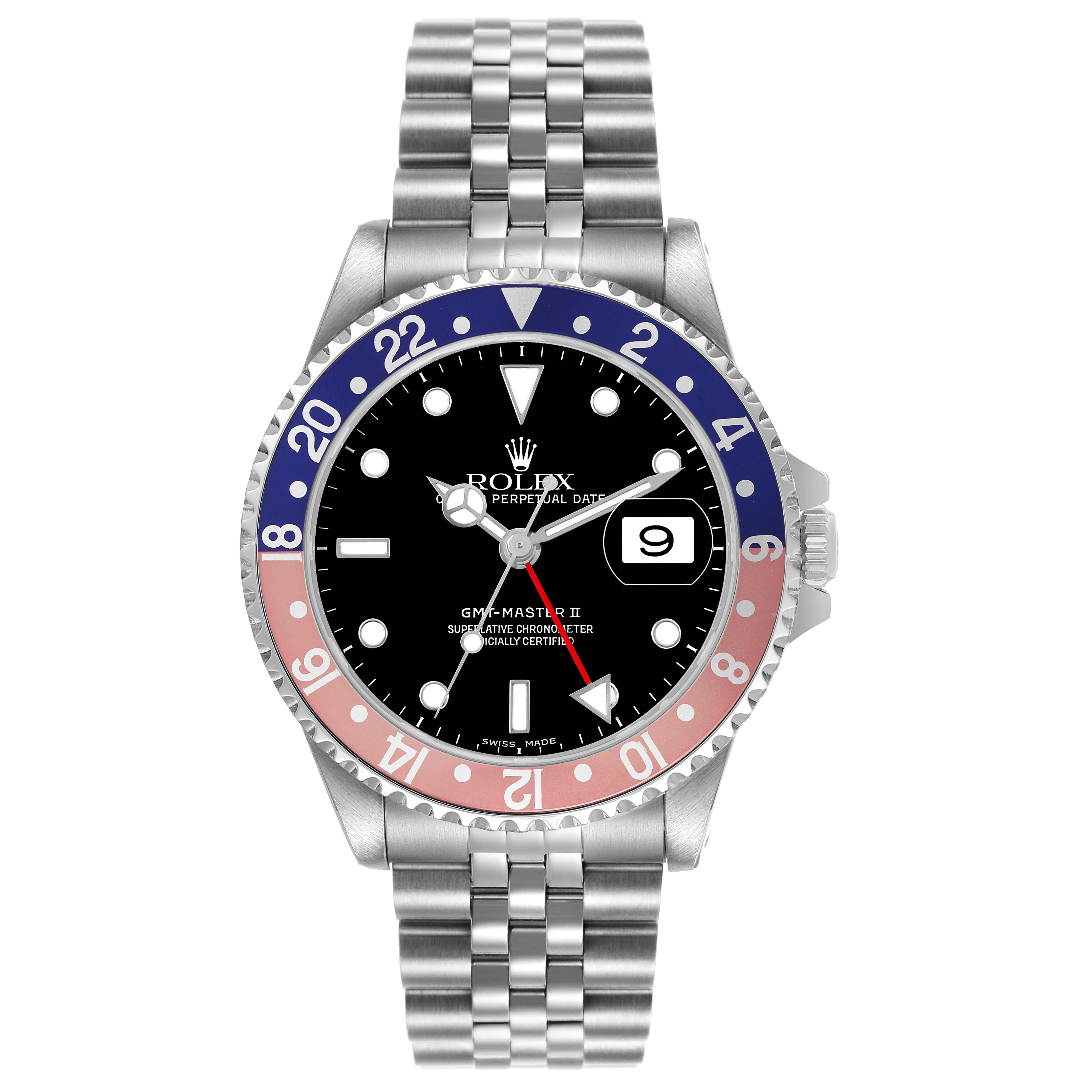 The Rolex GMT-Master 16710 Men's Stainless Steel Black Dial watch is shown from the front, highlighting the bezel, dial, bracelet, and crown.