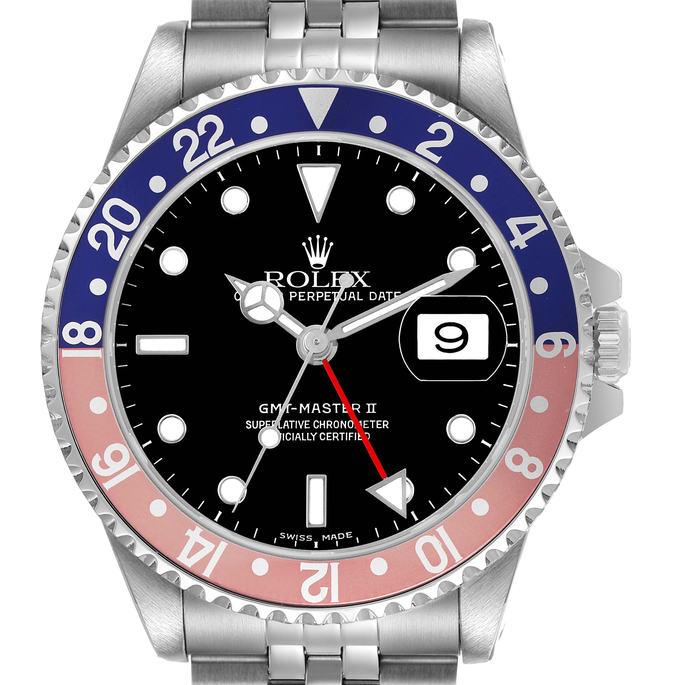 The Rolex GMT-Master 16710 Men's Stainless Steel Black Dial watch is shown from the front, highlighting the bezel, dial, and crown.