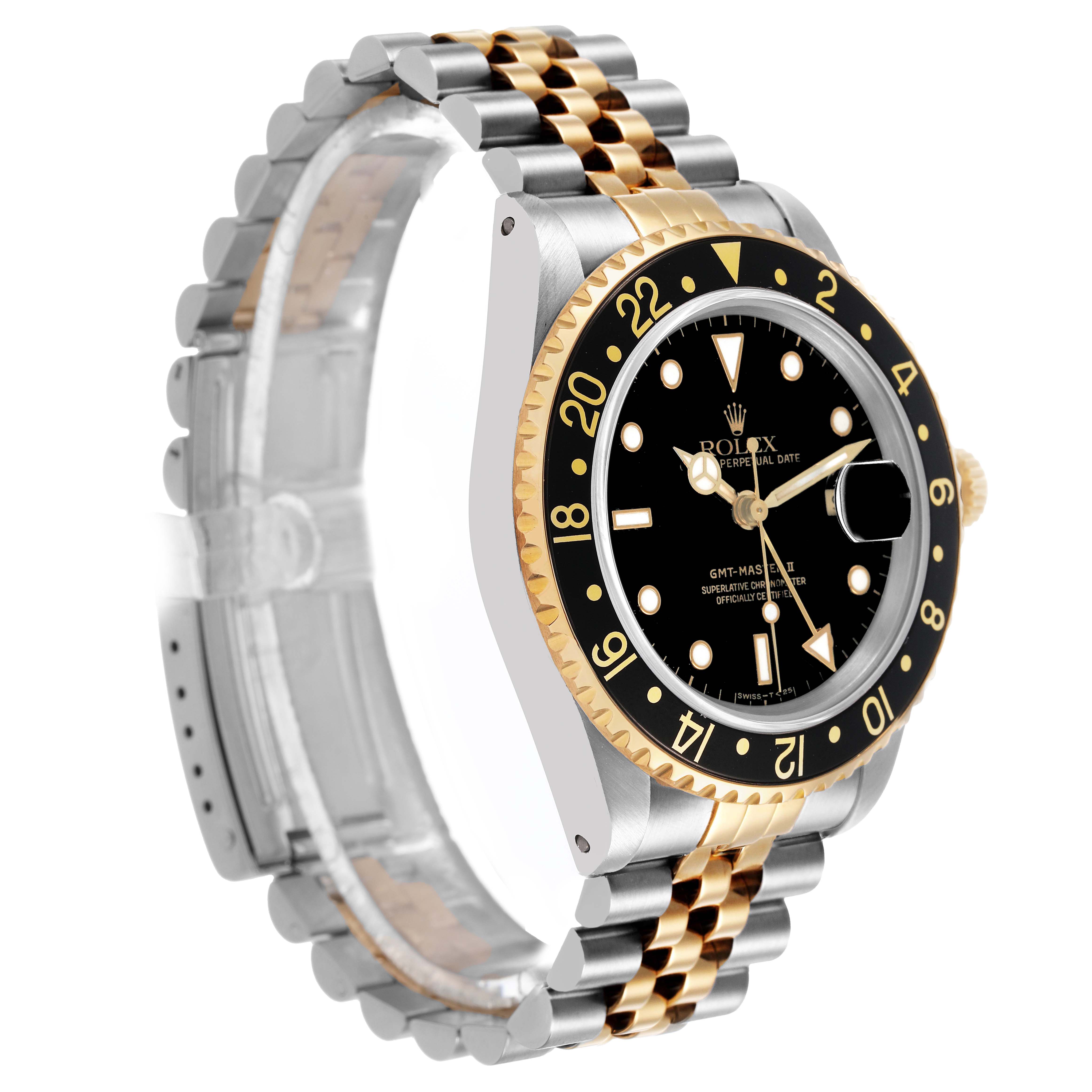 The Rolex GMT-Master 16713 Men's Steel and Gold (two tone) Black Dial watch is shown at a slight angle, highlighting the bezel, dial, and two-tone bracelet.