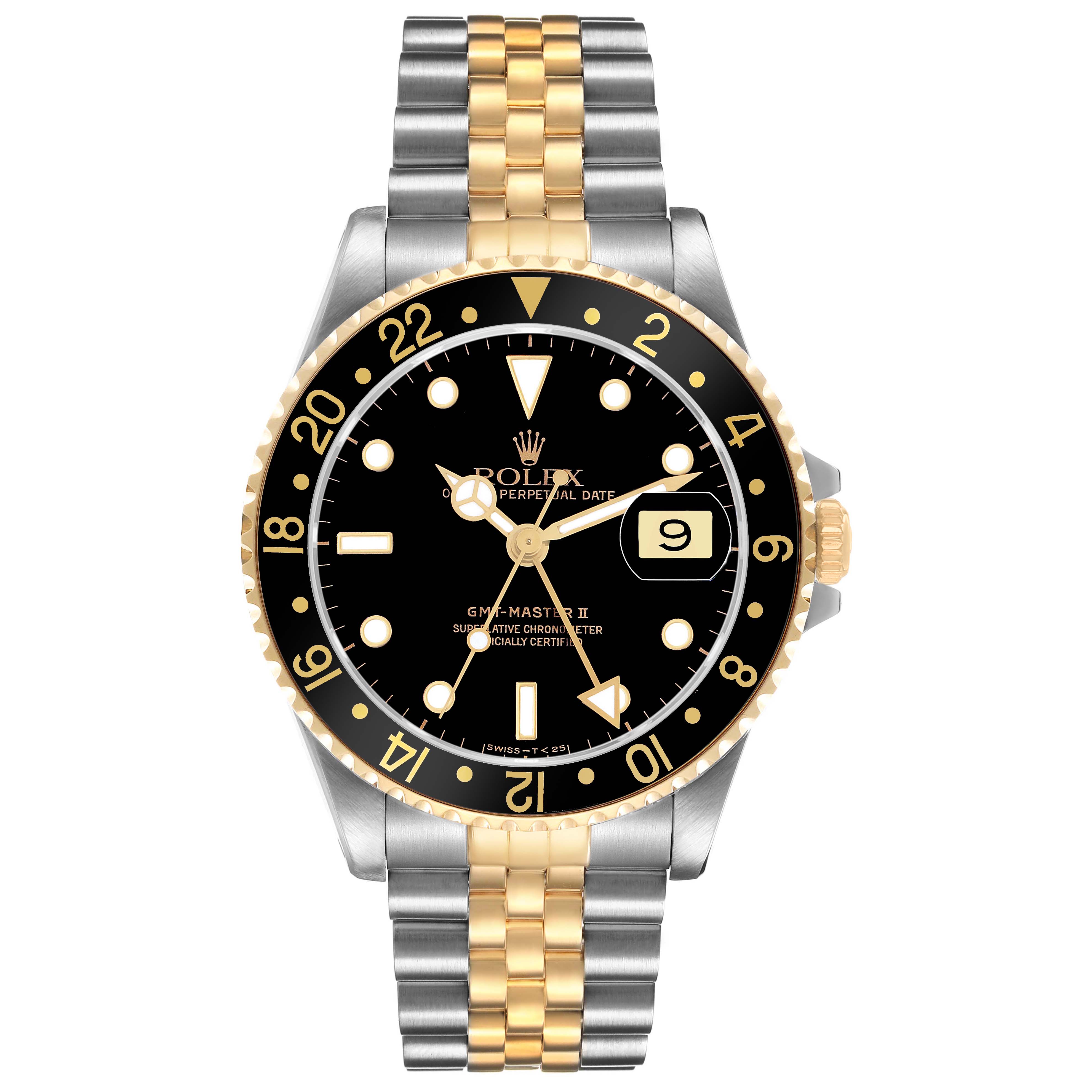 The Rolex GMT-Master 16713 Men's Steel and Gold (two tone) Black Dial watch is shown from the front, highlighting the face, bezel, and two-tone bracelet.