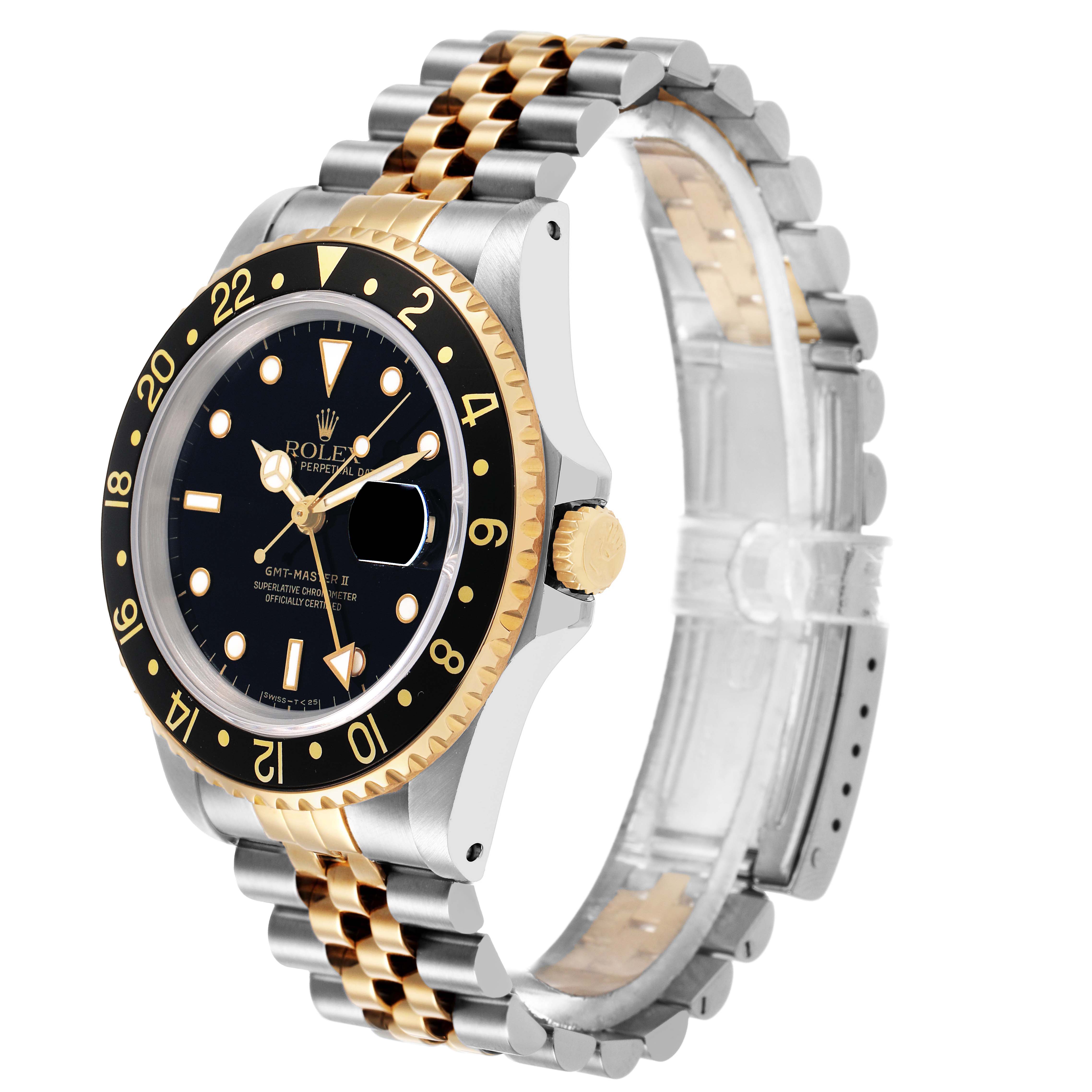 The Rolex GMT-Master 16713 Men's Steel and Gold (two tone) Black Dial watch is shown at a three-quarter angle, highlighting the bezel, crown, and two-tone bracelet.