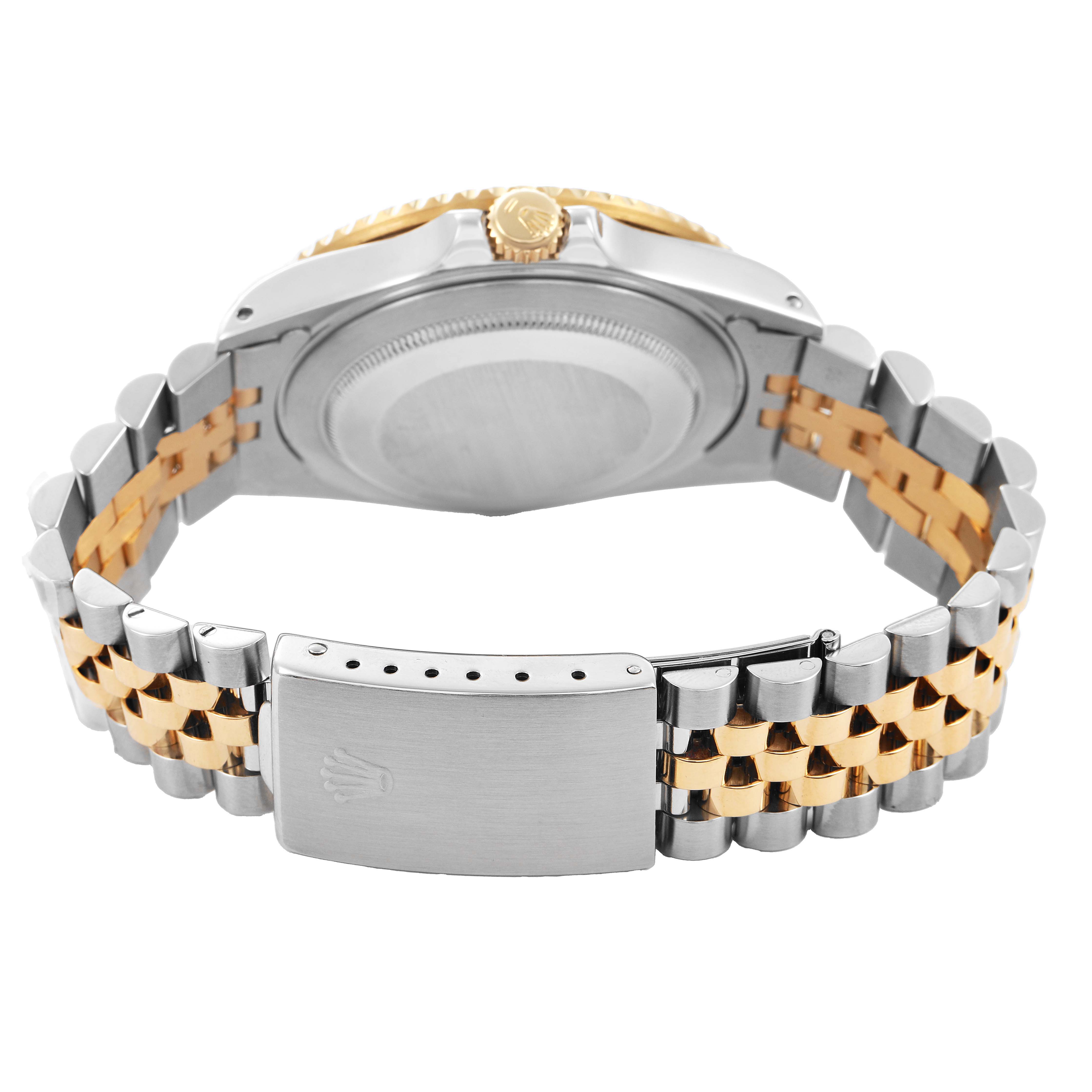 The image shows the back view of a Rolex GMT-Master 16713 Men's Steel and Gold (two tone) Black Dial, highlighting the case back, crown, and two-tone bracelet clasp.