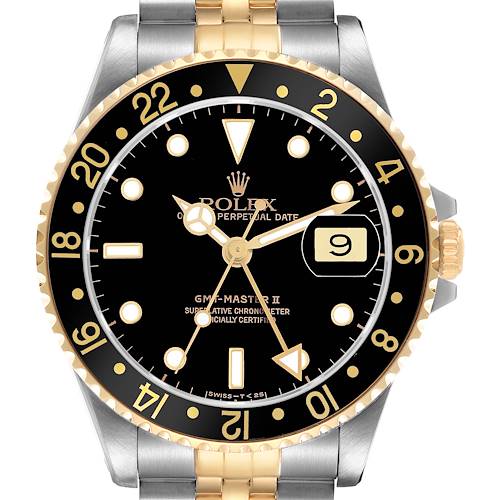 The Rolex GMT-Master 16713 Men's Steel and Gold (two tone) Black Dial watch is shown from the front, highlighting its black dial, gold bezel with 24-hour markings, and date window.