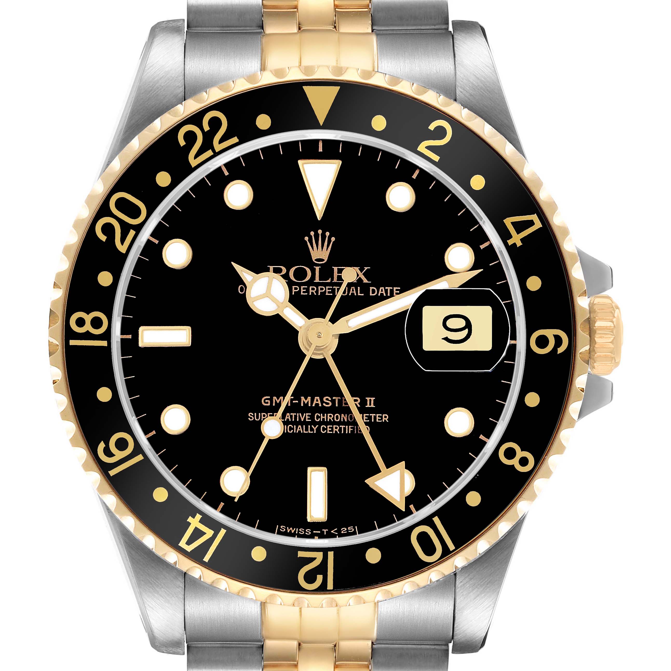 The Rolex GMT-Master 16713 Men's Steel and Gold (two tone) Black Dial watch is shown from the front, highlighting its black dial, dual-tone bezel, and two-tone metal bracelet.