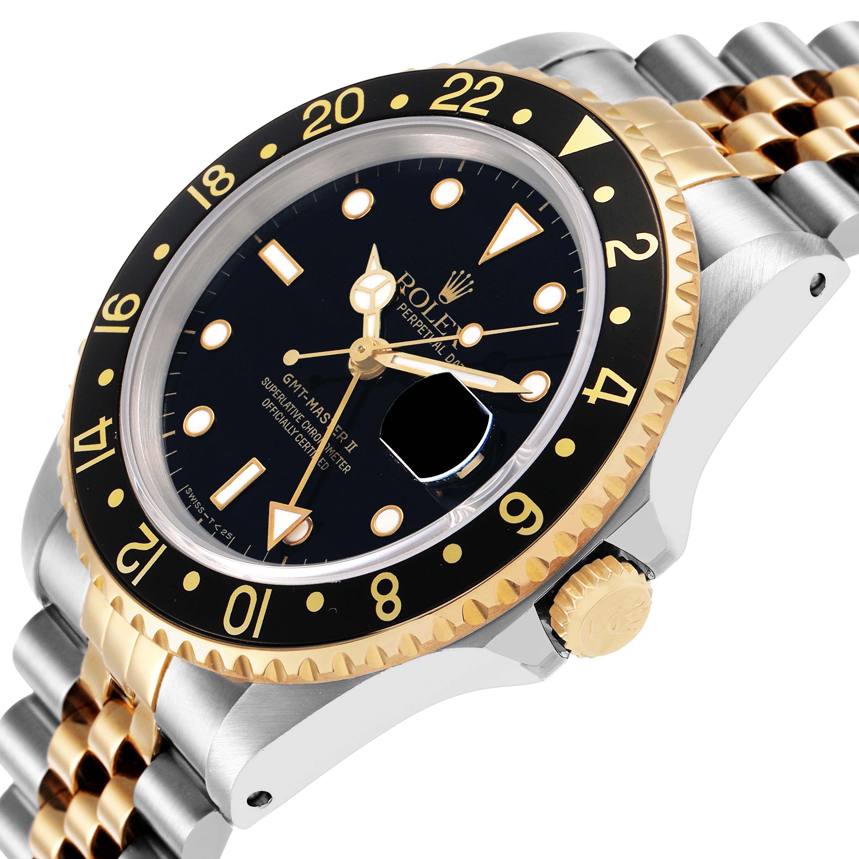 The Rolex GMT-Master 16713 Men's Steel and Gold (two tone) Black Dial watch is shown at an angled view highlighting the bezel, dial, crown, and part of the bracelet.
