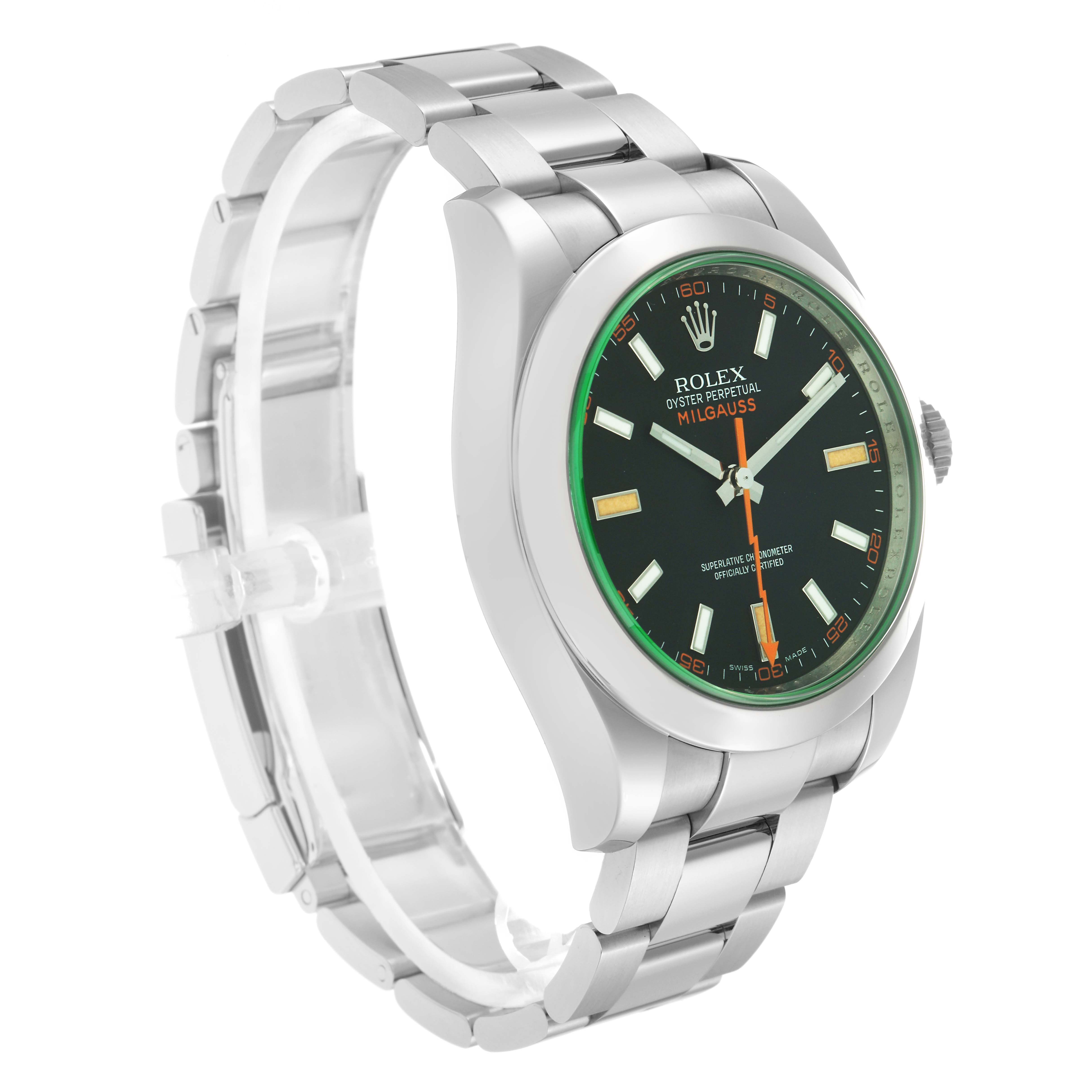 The Rolex Milgauss 116400GV is shown from a three-quarter angle, highlighting the bracelet, case, and dial with its distinctive green sapphire crystal and orange accents.
