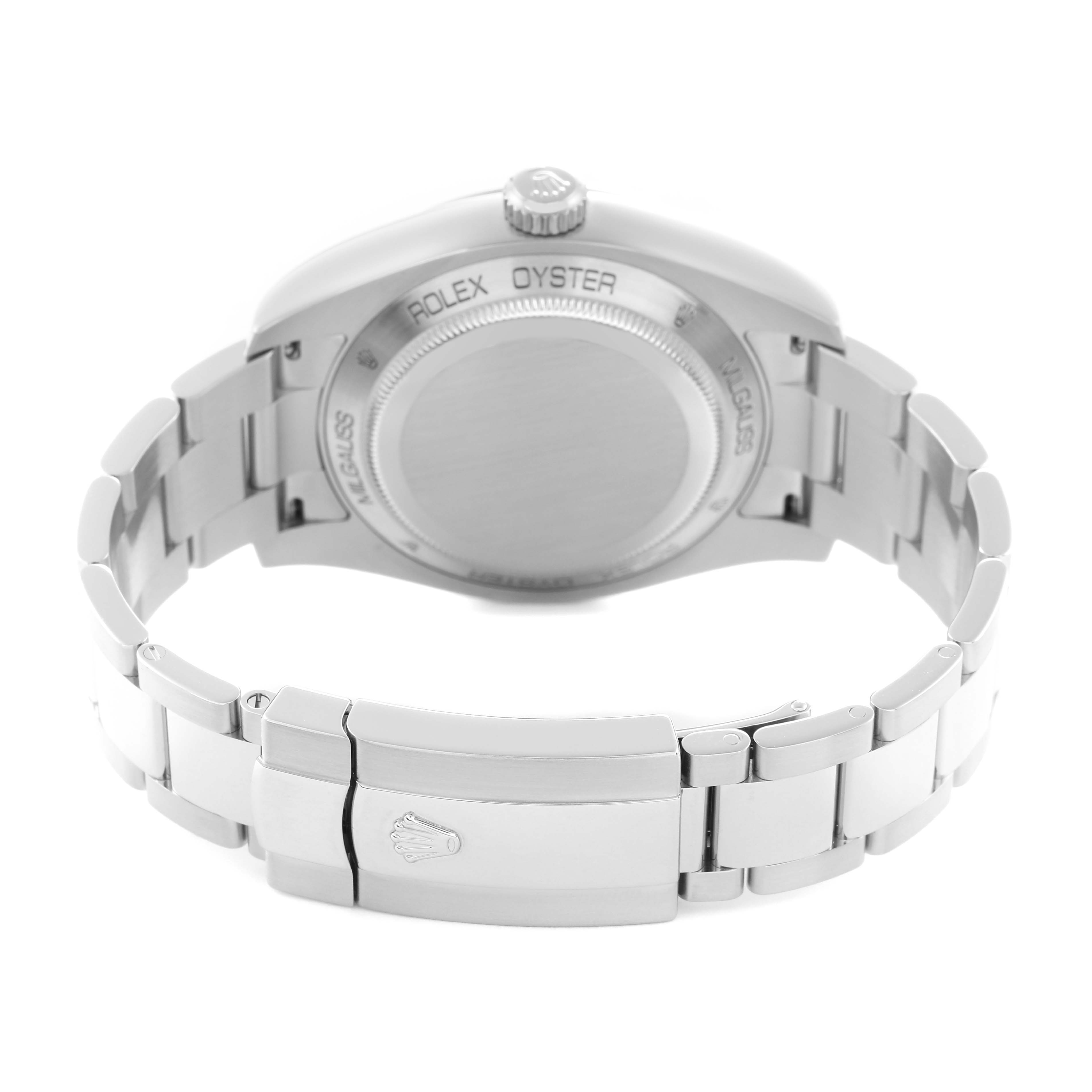 The image shows the back of the Rolex Milgauss model 116400GV, highlighting the case back, bracelet, and clasp from a rear angle.