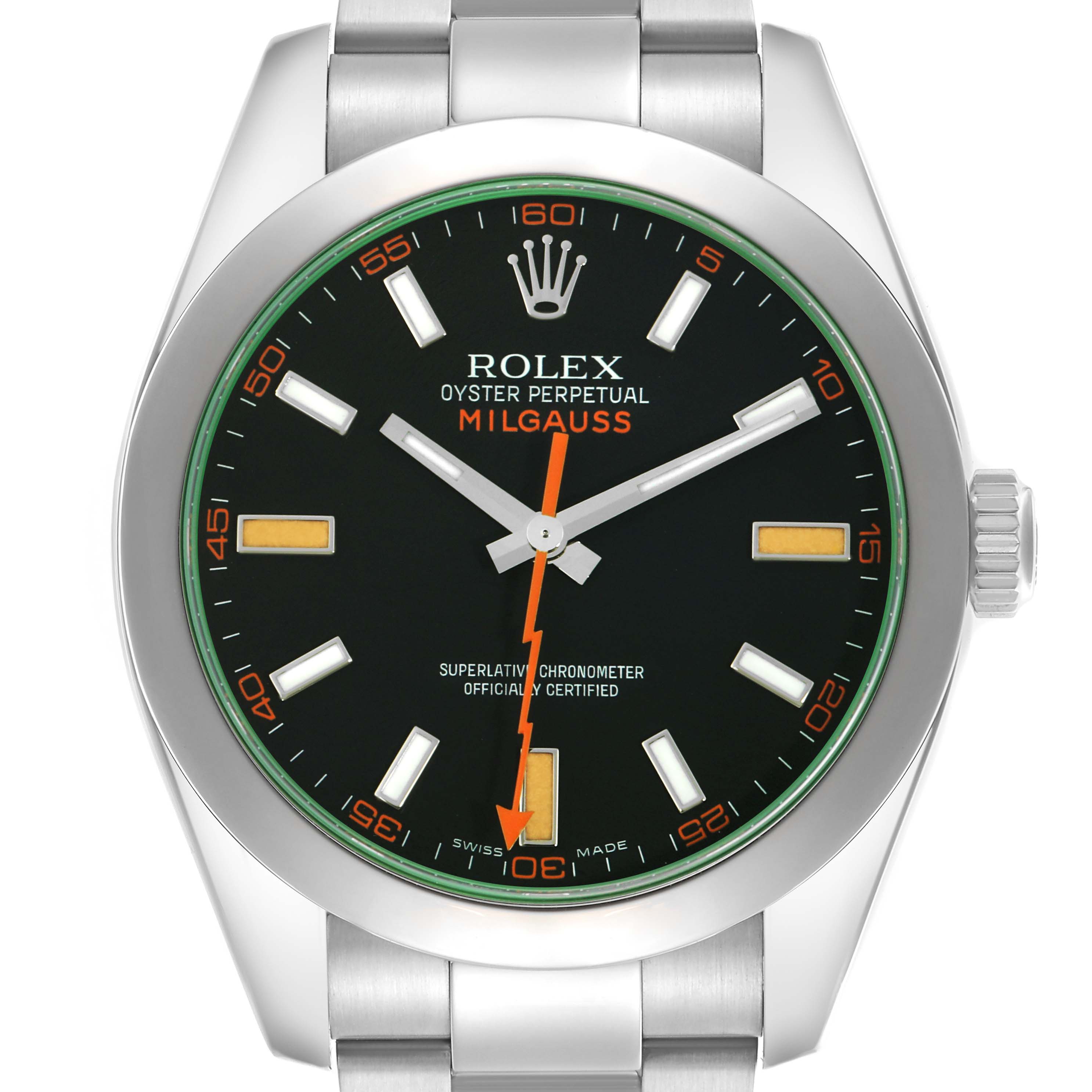 The image shows a front view of a Rolex Milgauss model 116400GV, highlighting the dial, hands, crown, and bracelet top links.