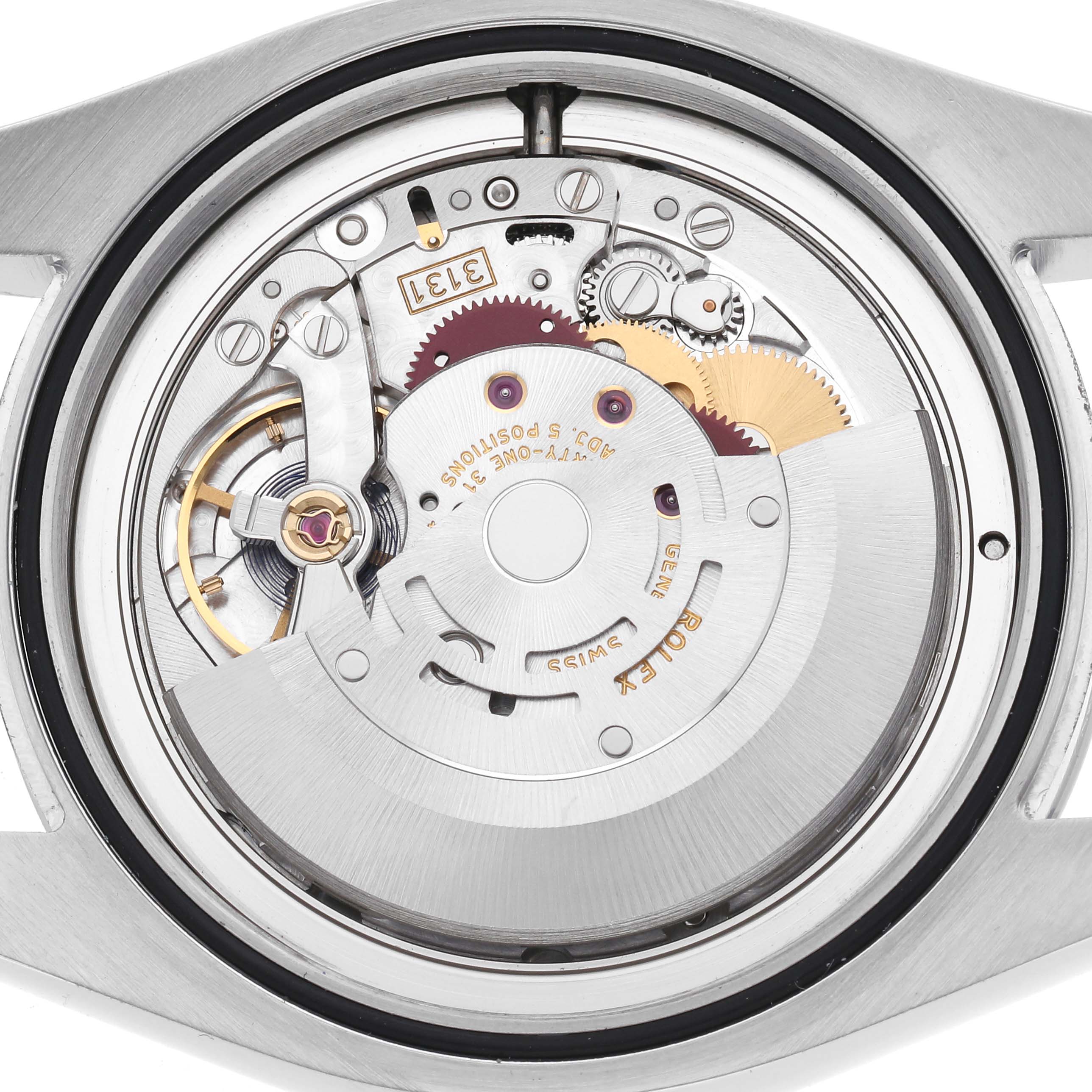The image shows the movement of the Rolex Milgauss model 116400GV from a rear angle, highlighting the intricate gears and components inside the case.