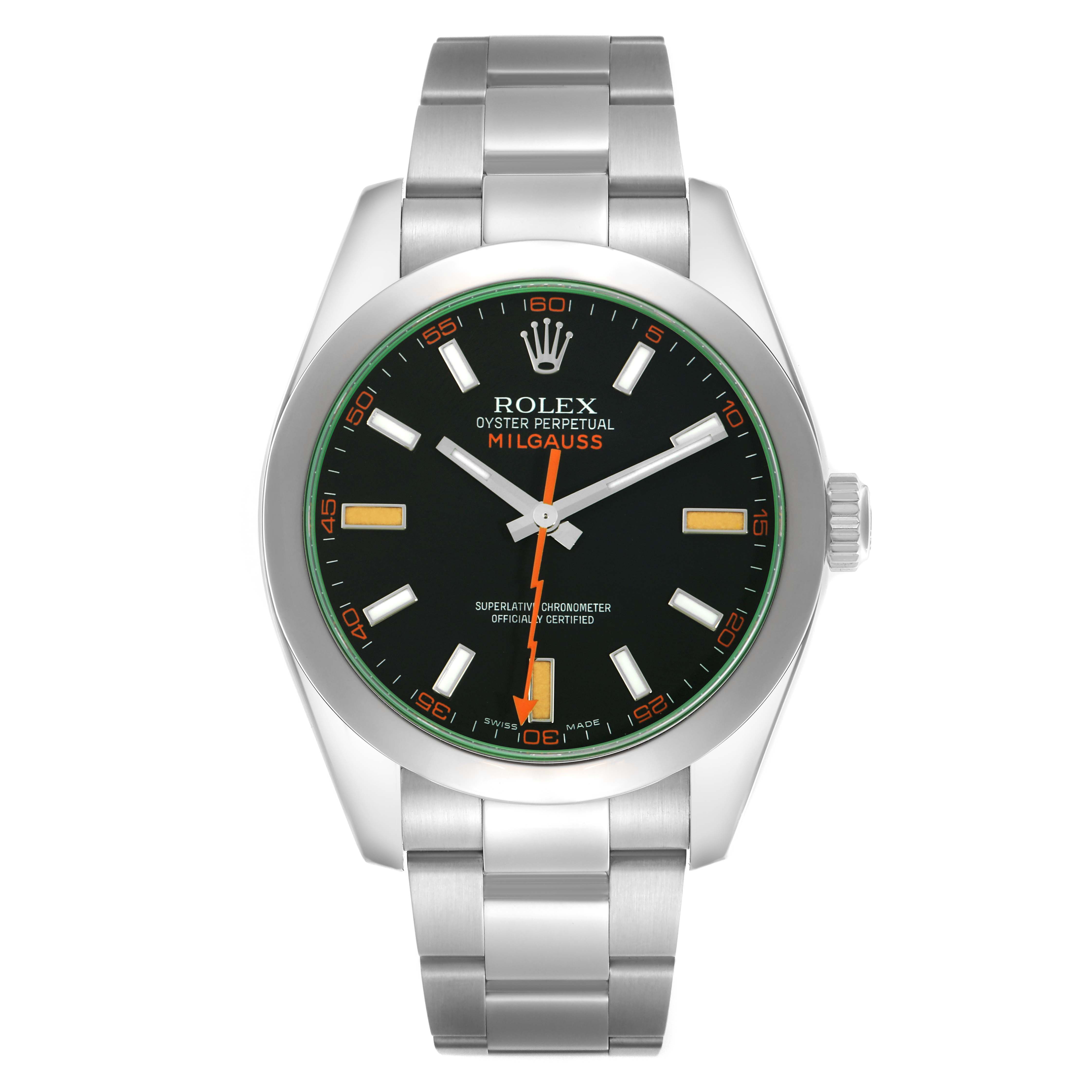 The Rolex Milgauss model 116400GV is shown from a front angle, displaying the dial, hands, and bracelet clearly.