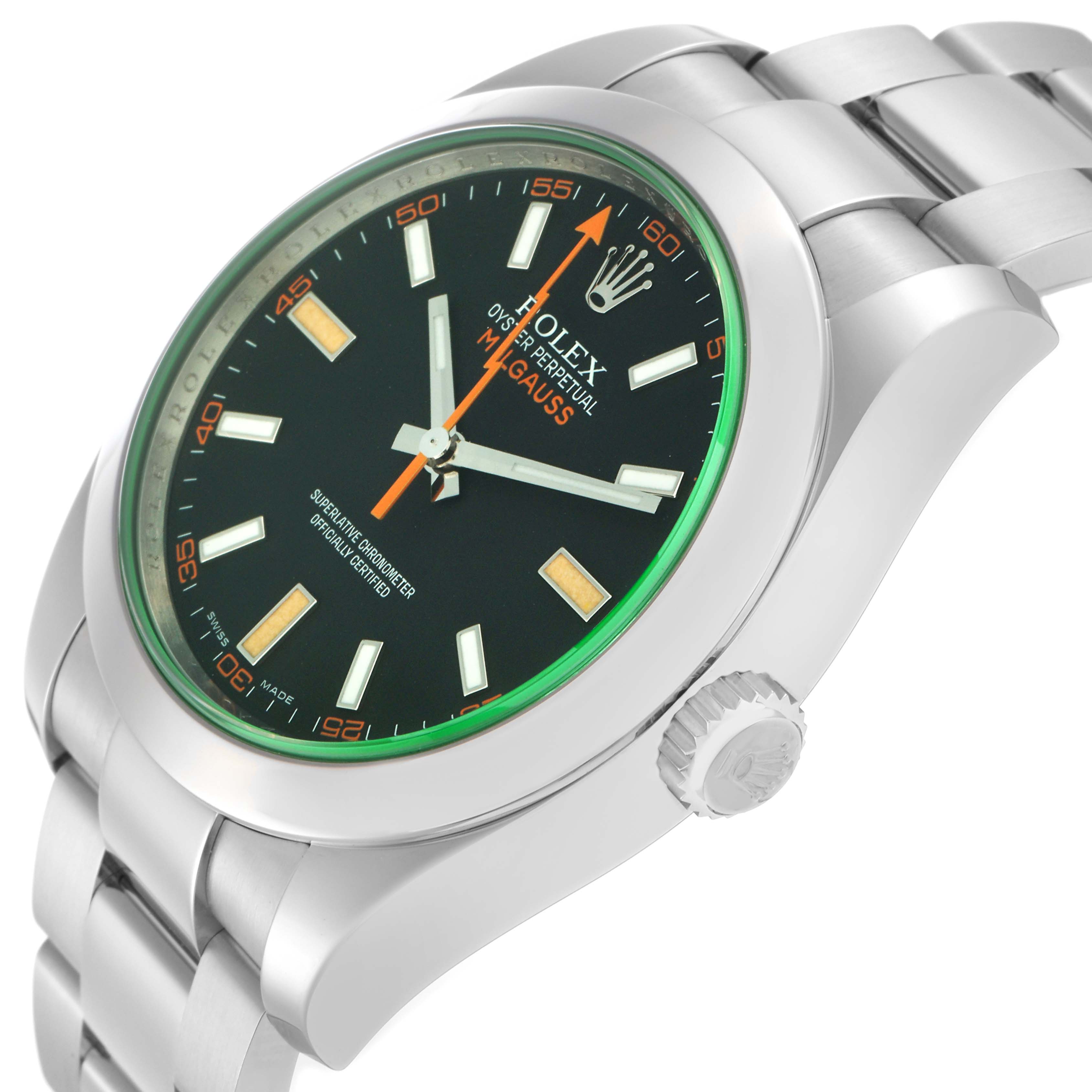 The image shows a Rolex Milgauss model 116400GV men's watch at an angle highlighting the dial, bezel, case, crown, and part of the bracelet.