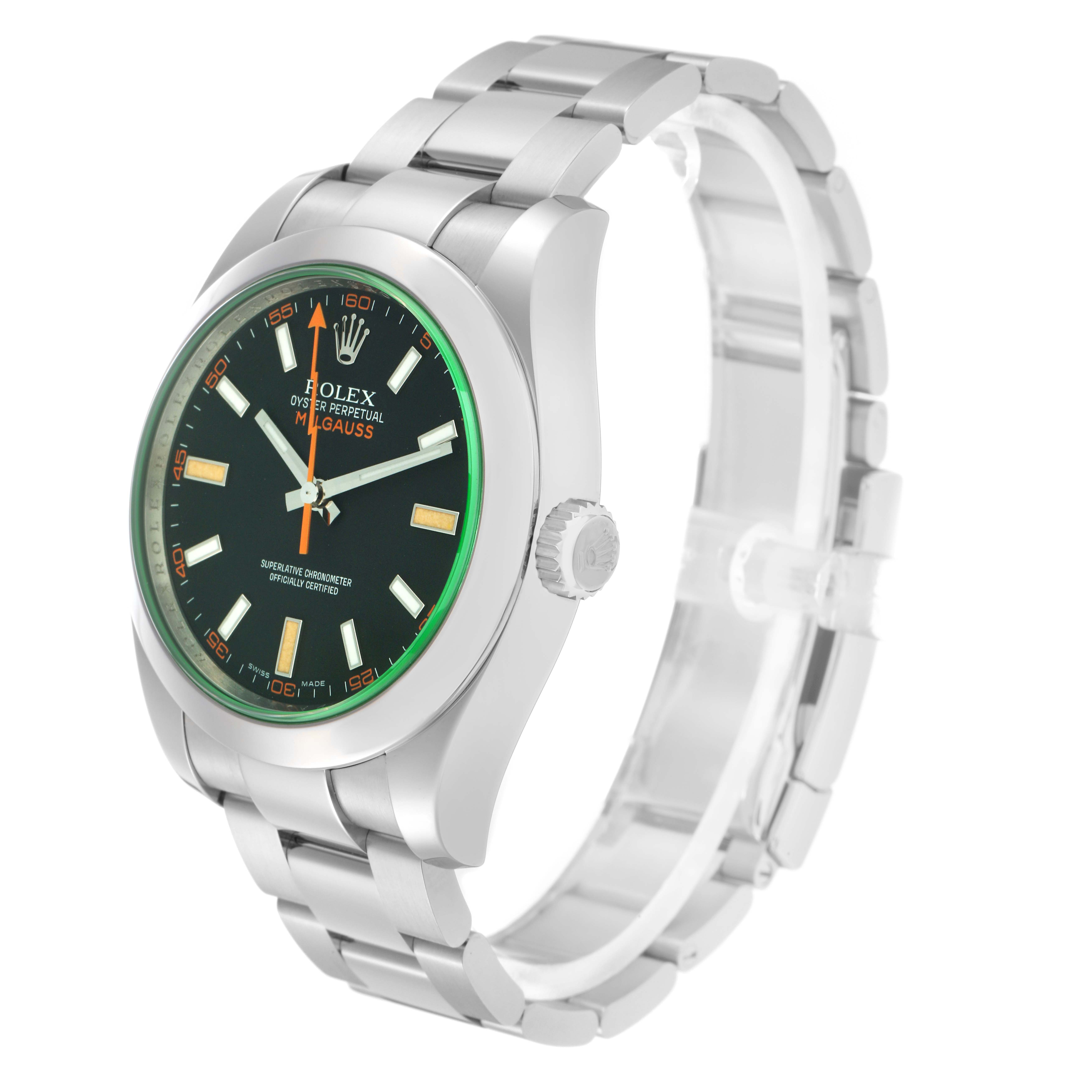 The Rolex Milgauss model 116400GV is shown at a three-quarter angle, displaying the face, bezel, case, and part of the bracelet.