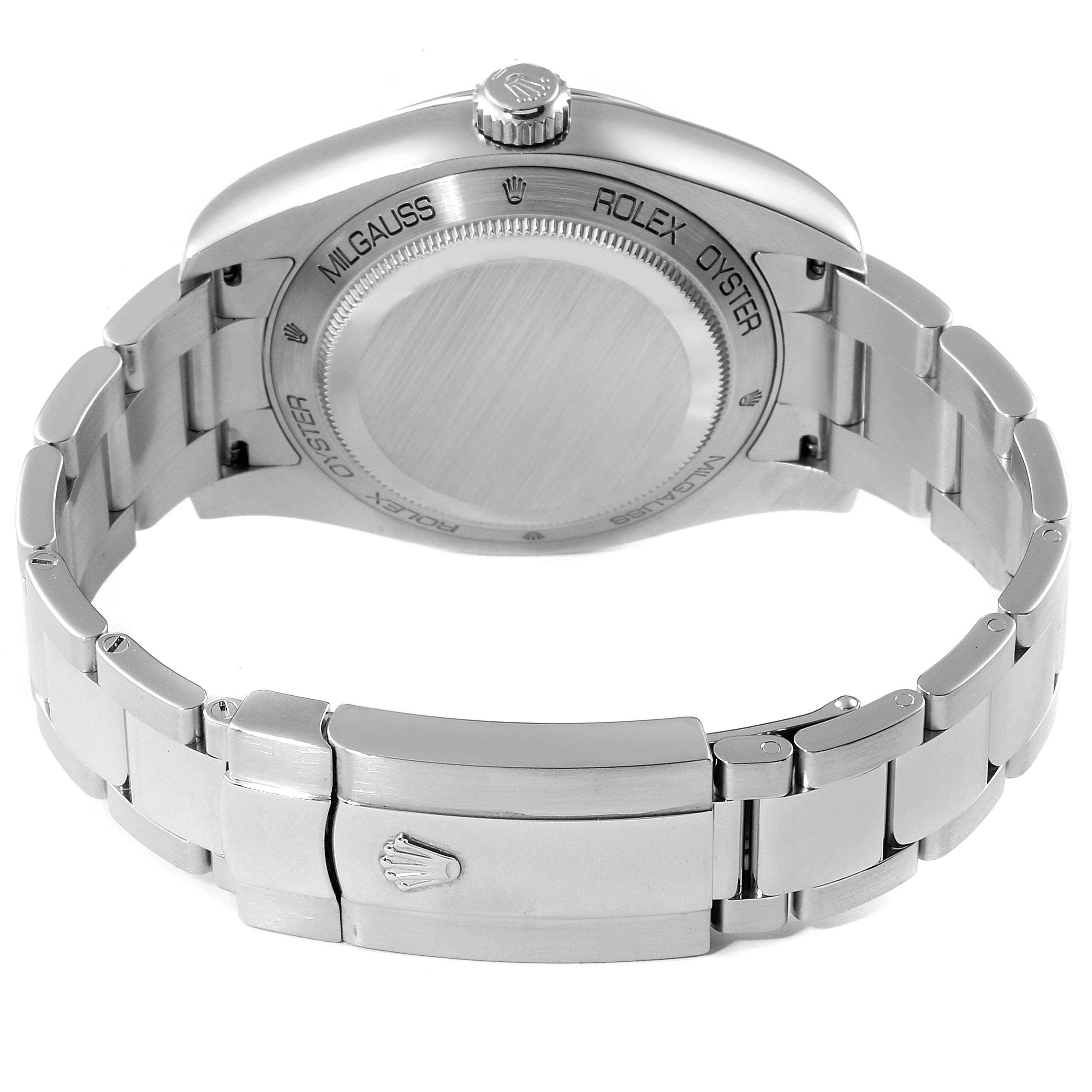 The image shows the back and bracelet of a Rolex Milgauss 116400 Men's Stainless Steel Black Dial 116400 Men's Stainless Steel Black Dial watch, with details of the clasp and the case back.