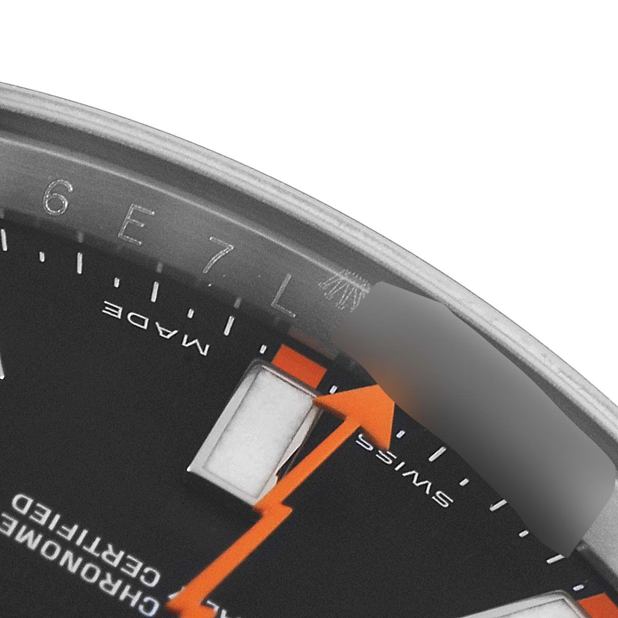 The close-up image shows part of the dial and the signature lightning bolt seconds hand of a Rolex Milgauss 116400 Men's Stainless Steel Black Dial 116400 Men's Stainless Steel Black Dial watch.
