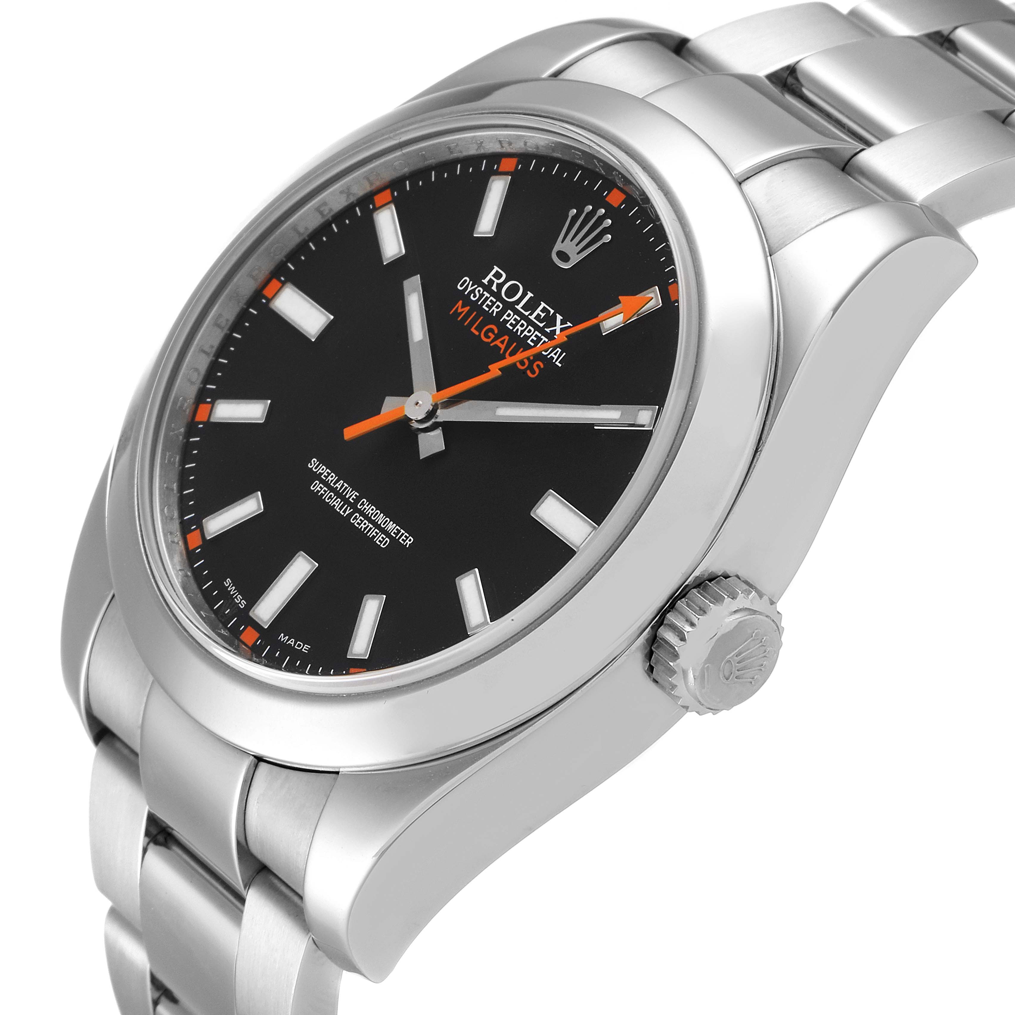 The image shows a Rolex Milgauss 116400 Men's Stainless Steel Black Dial 116400 Men's Stainless Steel Black Dial watch at an angled view, highlighting its dial, crown, and part of the bracelet.