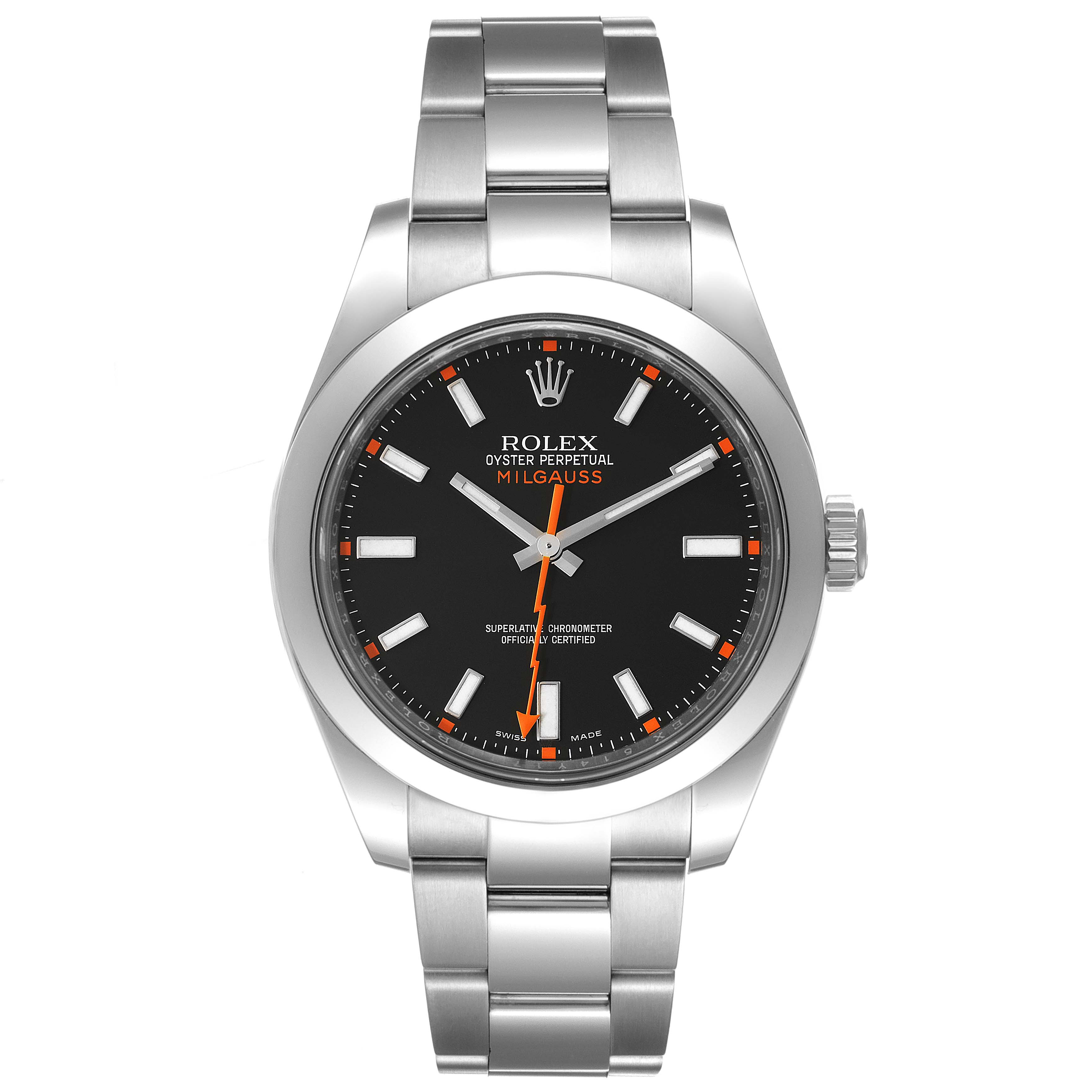 This image shows a front view of a Rolex Milgauss 116400 Men's Stainless Steel Black Dial 116400 Men's Stainless Steel Black Dial watch, highlighting the dial, hour markers, hands, and bracelet.