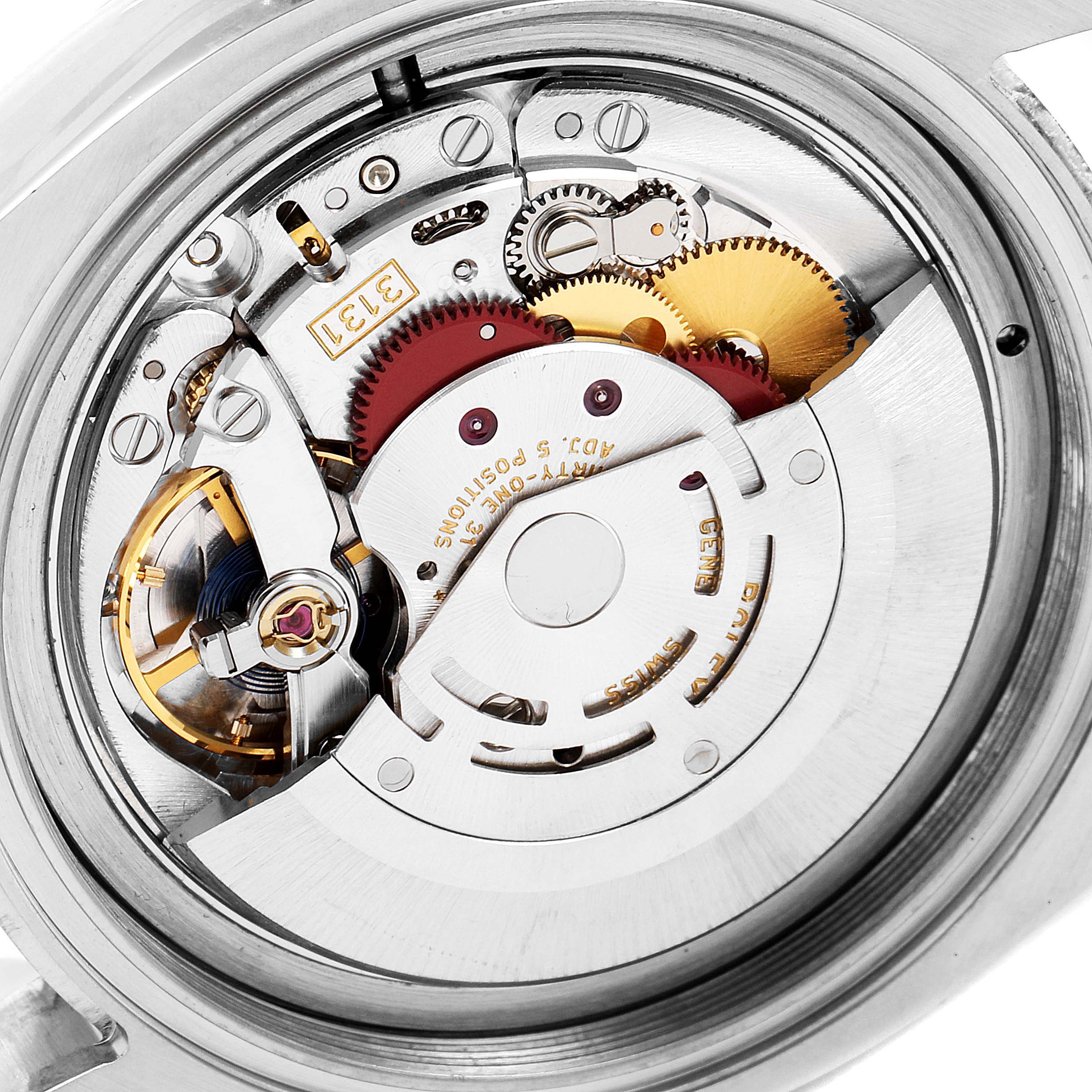 This image shows a close-up view of the movement and internal components of the Rolex Milgauss 116400 Men's Stainless Steel Black Dial 116400 Men's Stainless Steel Black Dial model.