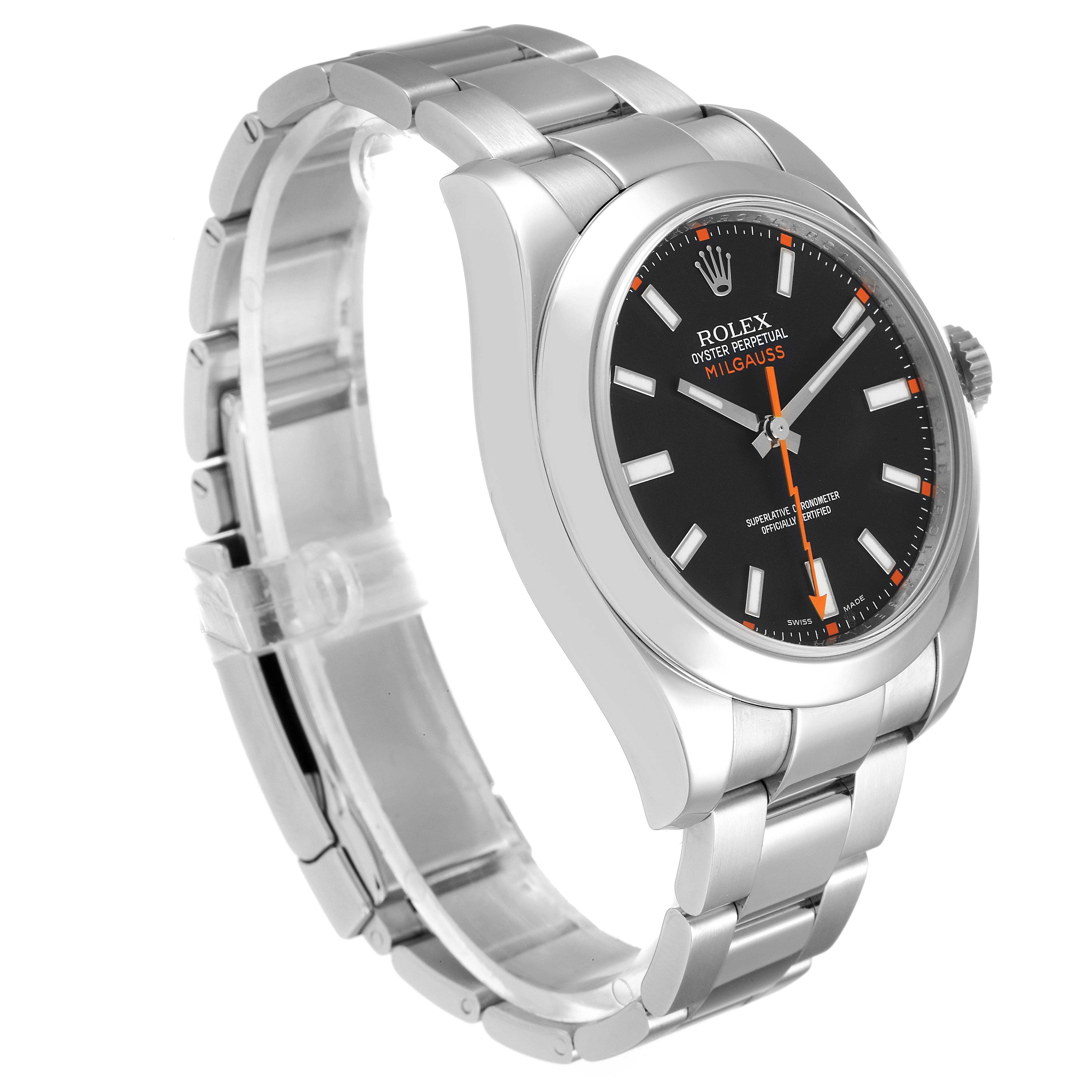 The image shows a side angle of a Rolex Milgauss 116400 Men's Stainless Steel Black Dial 116400 Men's Stainless Steel Black Dial watch, highlighting the band, case, and dial.