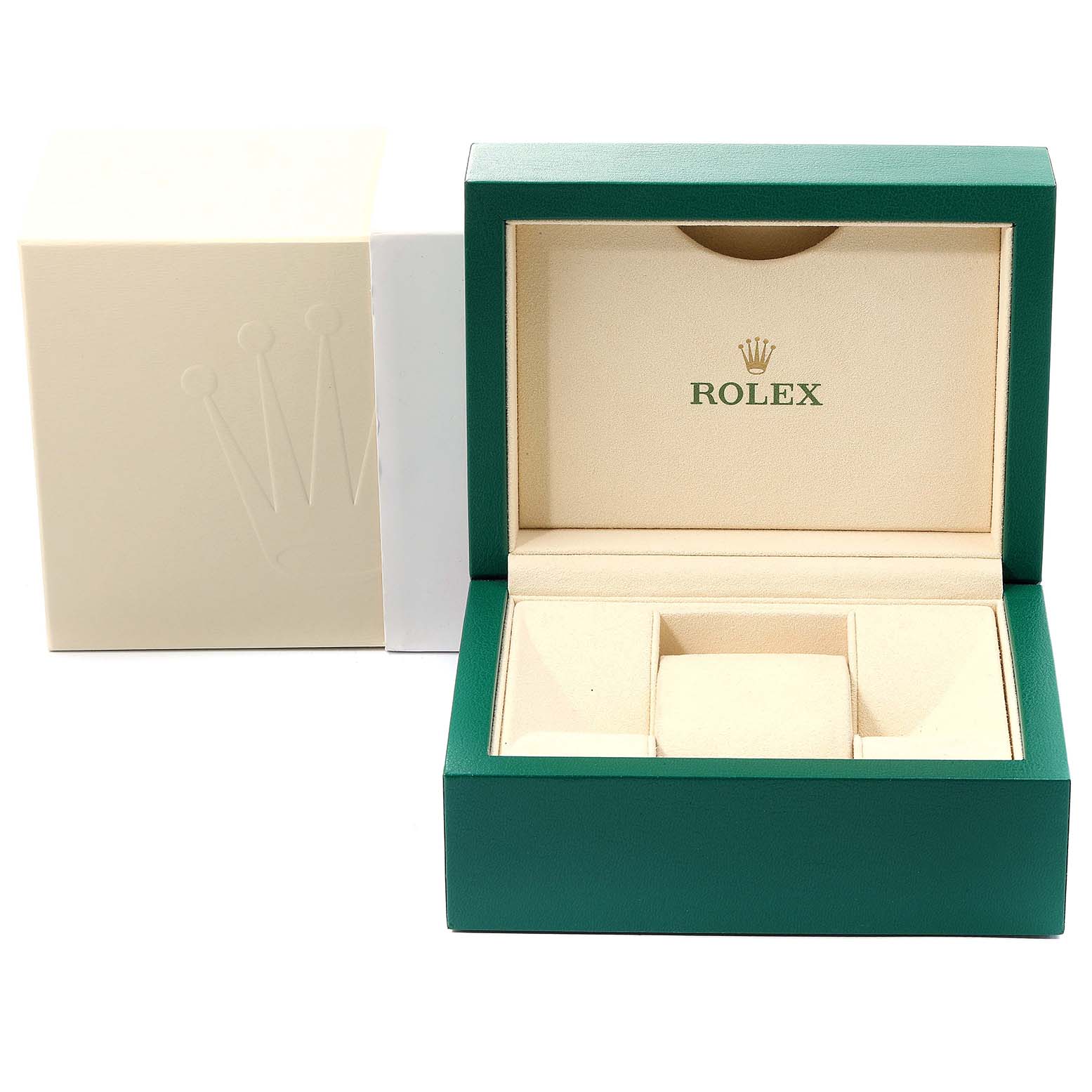 The image shows a green and beige Rolex Milgauss 116400 Men's Stainless Steel Black Dial 116400 Men's Stainless Steel Black Dial watch box, open and empty, with the Rolex logo prominently displayed inside.