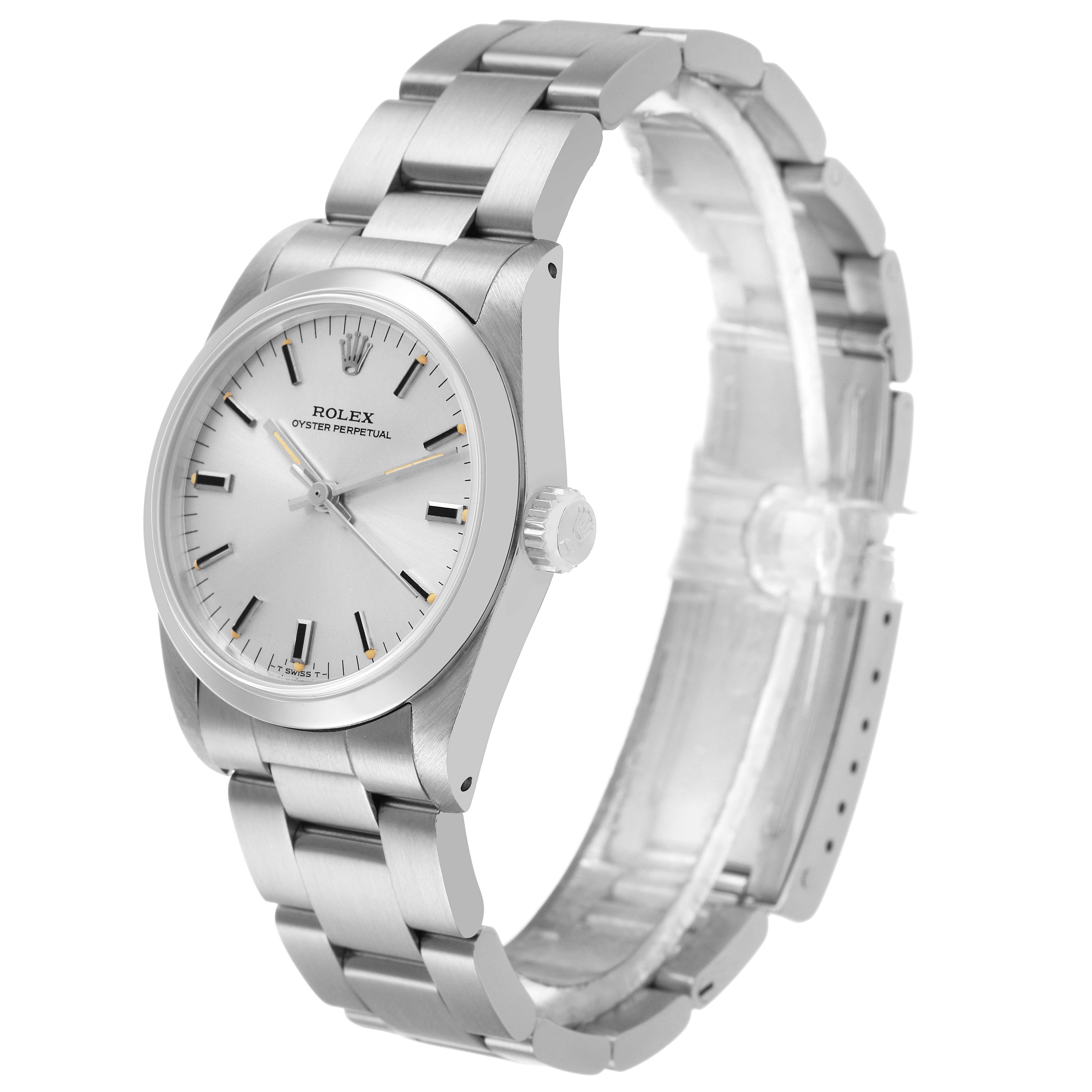 The Rolex Mid-Size 67480 Women's Stainless Steel Silver Dial watch is shown at a slight angle, featuring its dial, bezel, crown, and part of the bracelet.