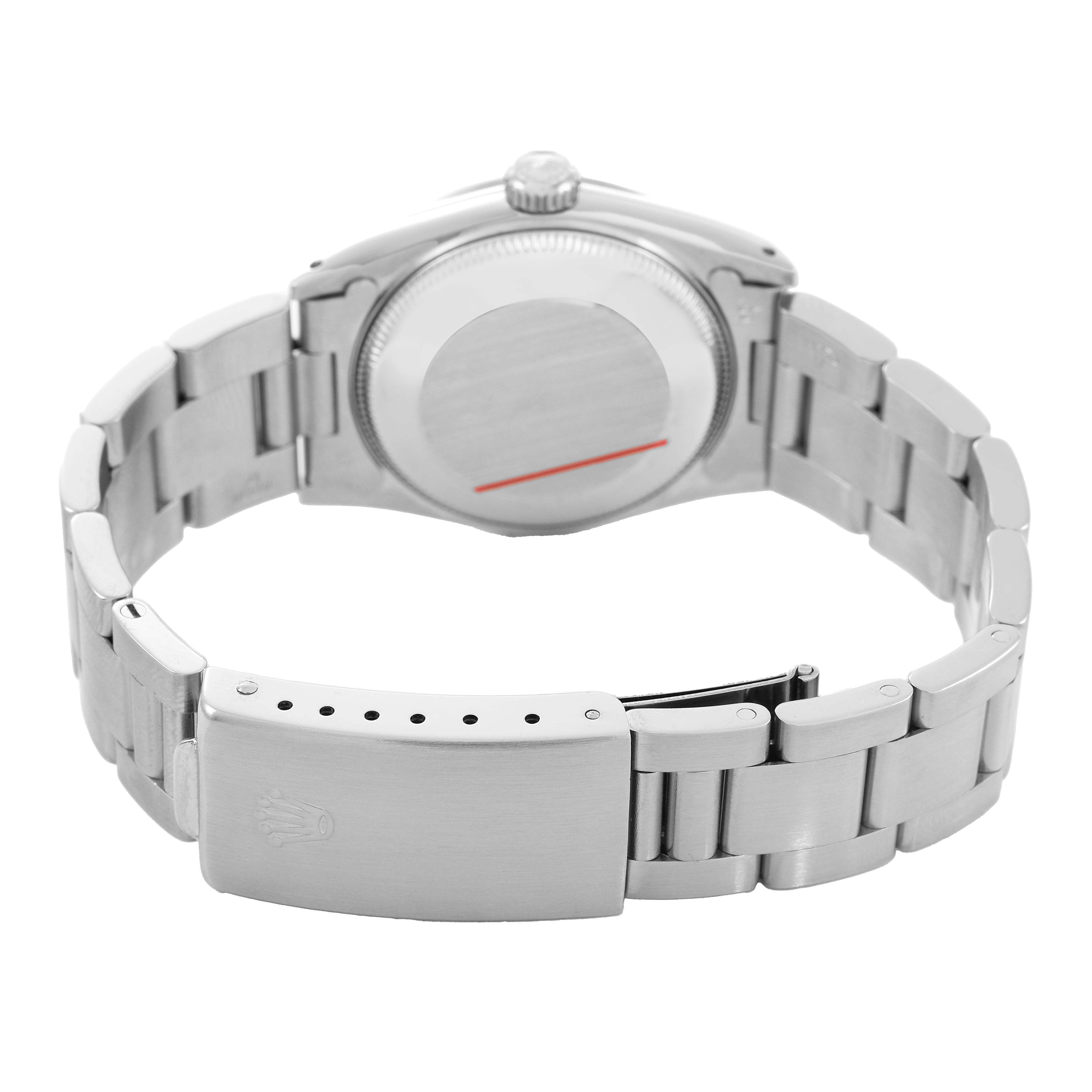The image shows the back and bracelet of a Rolex Mid-Size 67480 Women's Stainless Steel Silver Dial watch, focusing on the clasp and rear case.