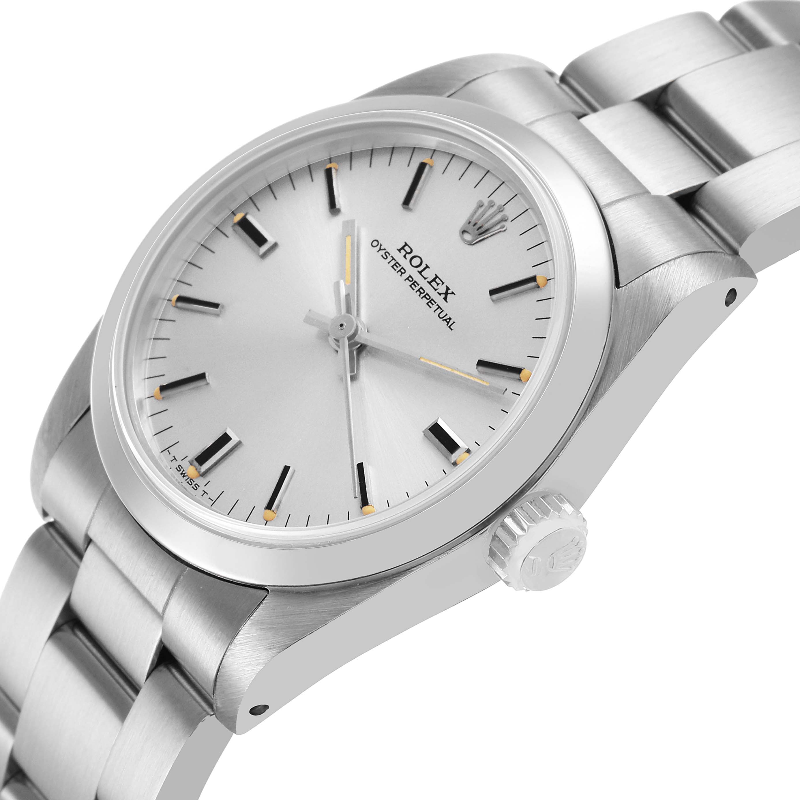 The Rolex Mid-Size 67480 Women's Stainless Steel Silver Dial watch is shown at an angle displaying the face, crown, and part of the bracelet.