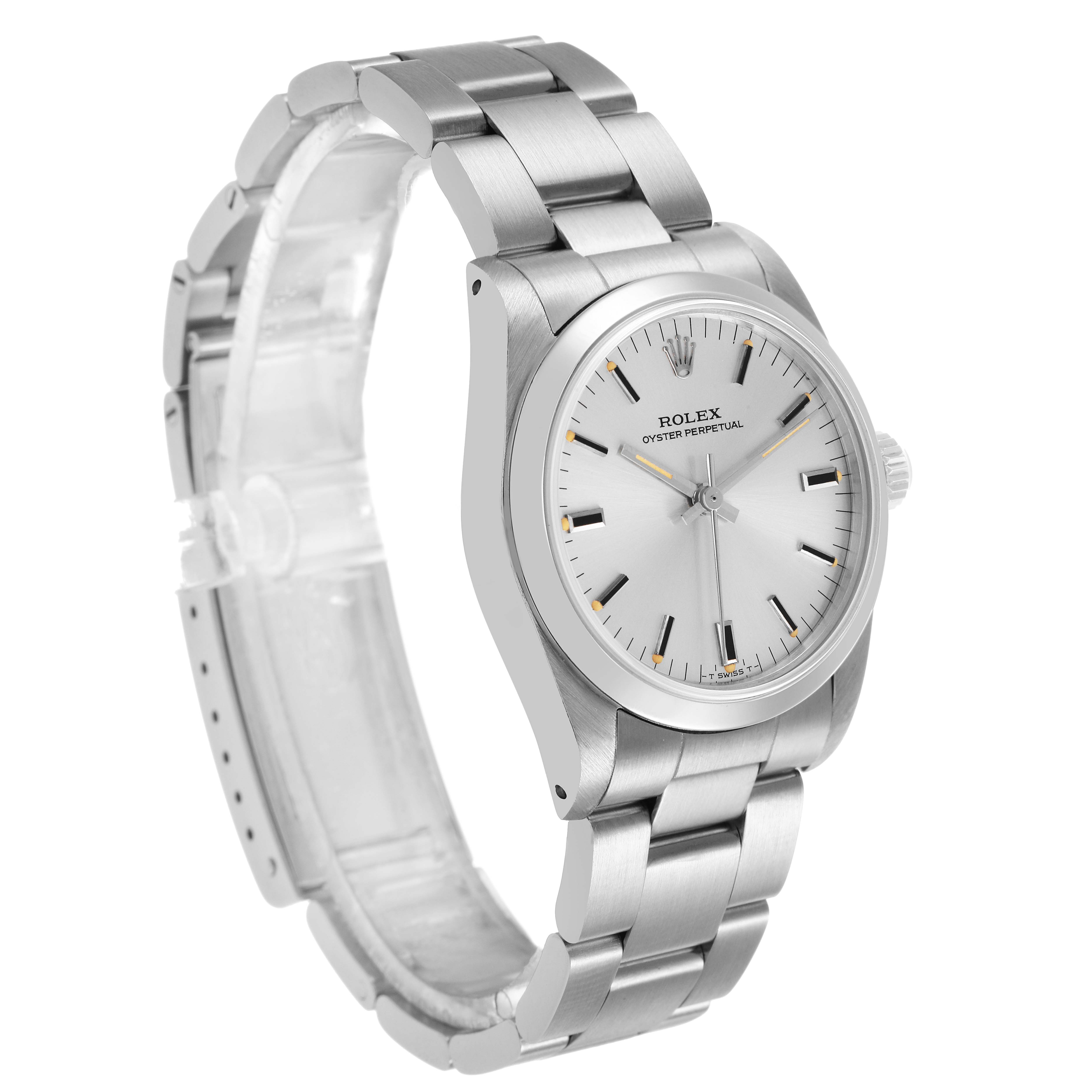 The Rolex Mid-Size 67480 Women's Stainless Steel Silver Dial model is shown at a three-quarter angle, highlighting the dial, bezel, bracelet, and crown.