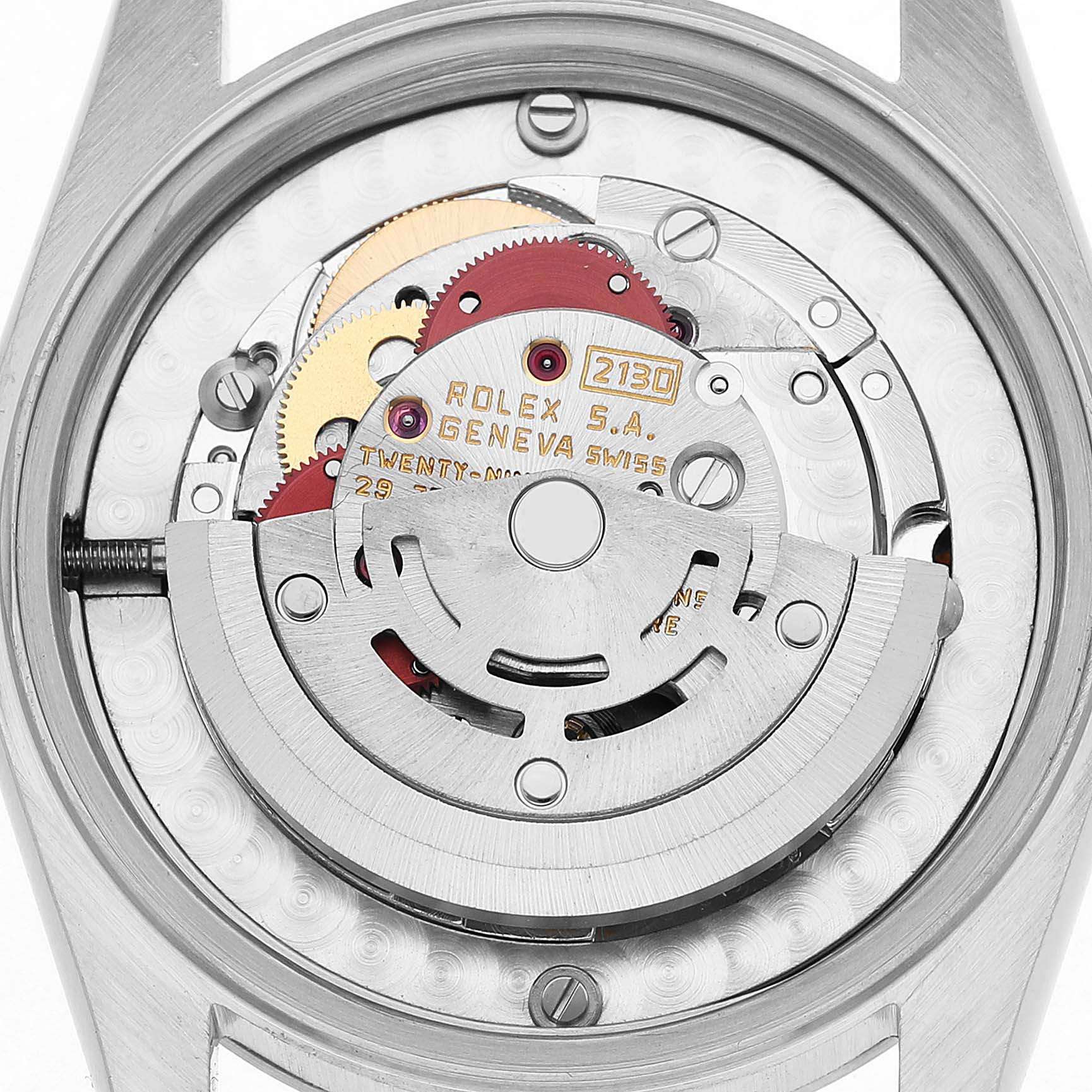 The image shows the back view of a Rolex Mid-Size 67480 Women's Stainless Steel Silver Dial model, highlighting the movement and rotor inside.
