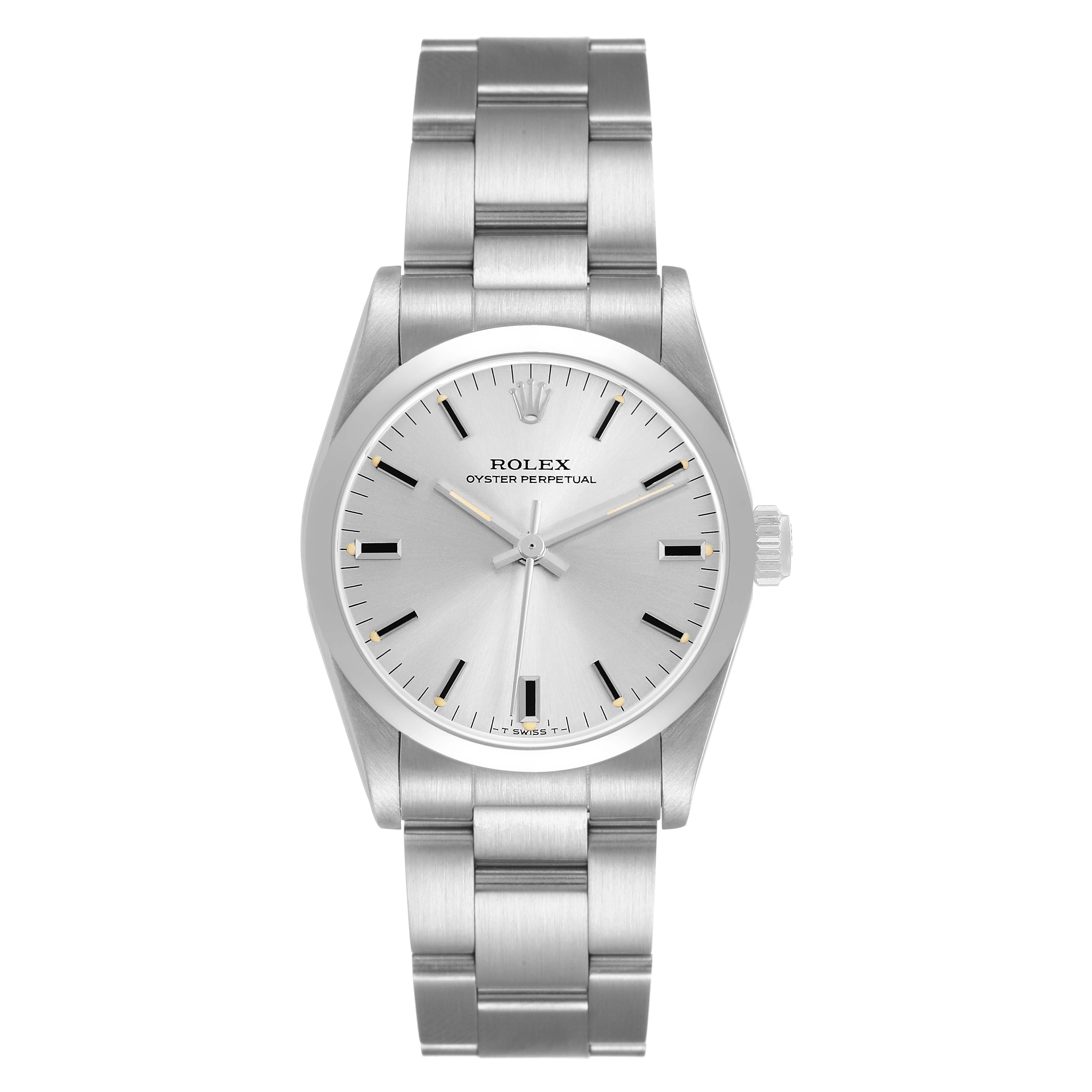 The Rolex Oyster Perpetual Mid-Size watch is shown from a front angle, displaying its dial, case, and bracelet.