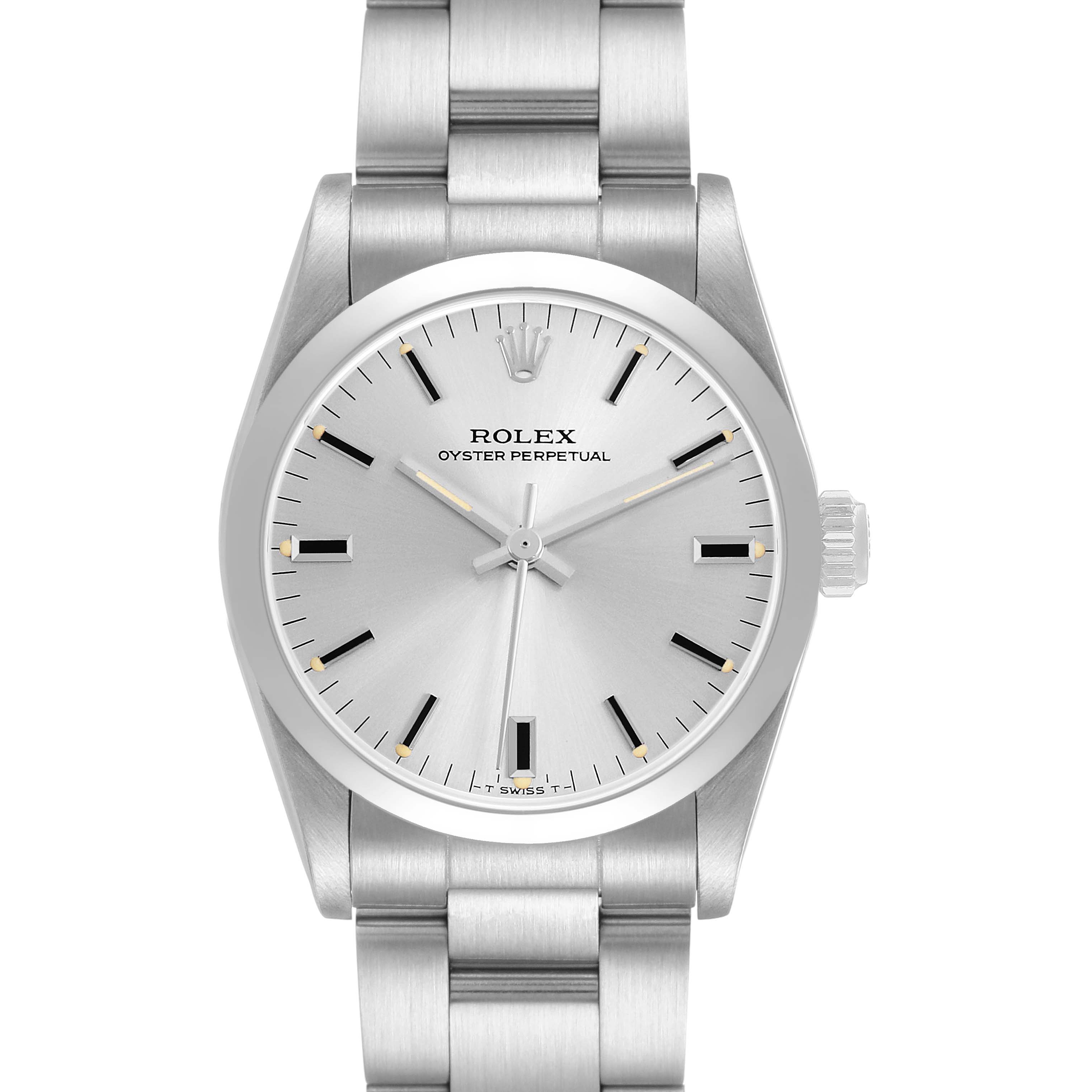 The Rolex Oyster Perpetual Mid-Size watch is shown from a front view, displaying the dial, crown, and bracelet.