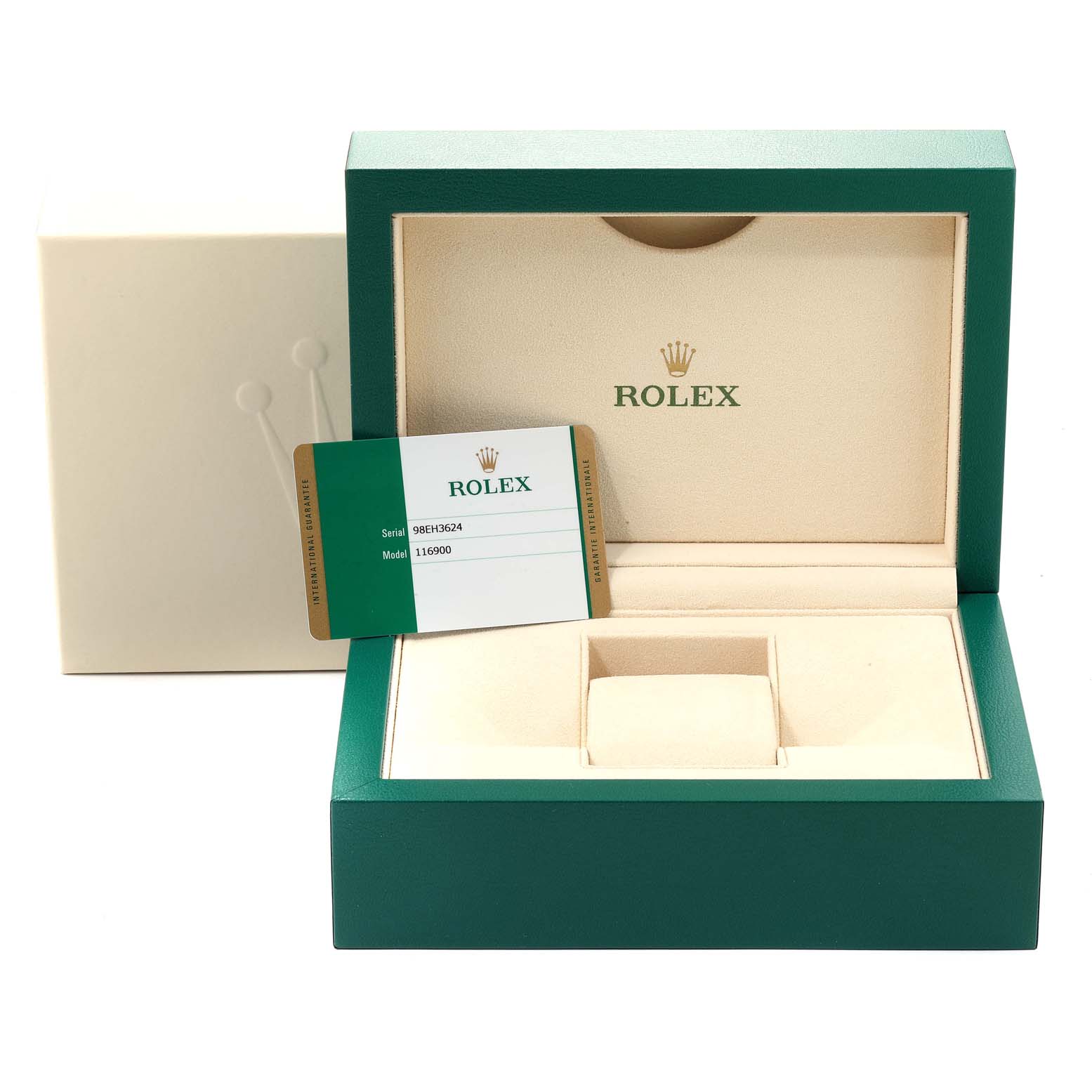 The image shows an open Rolex Air-King 116900 Men's Stainless Steel Black Dial 116900 Men's Stainless Steel Black Dial watch box, including the box's interior and a certification card.