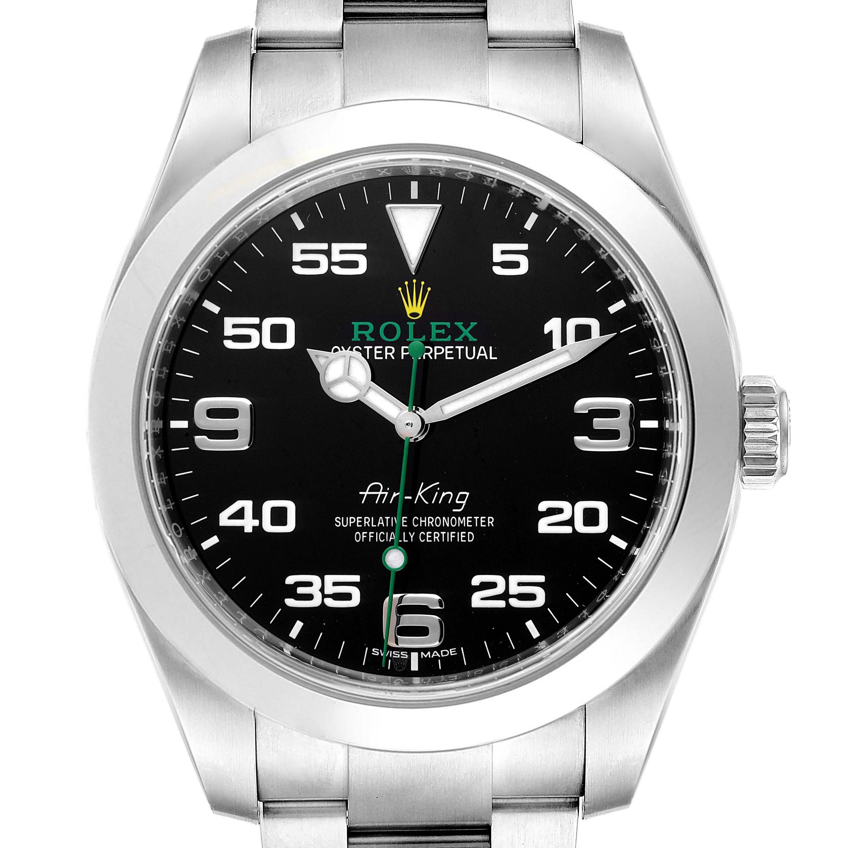 The image shows a front view of a Rolex Air-King 116900 Men's Stainless Steel Black Dial 116900 Men's Stainless Steel Black Dial watch, highlighting the dial, hands, bezel, and part of the bracelet.
