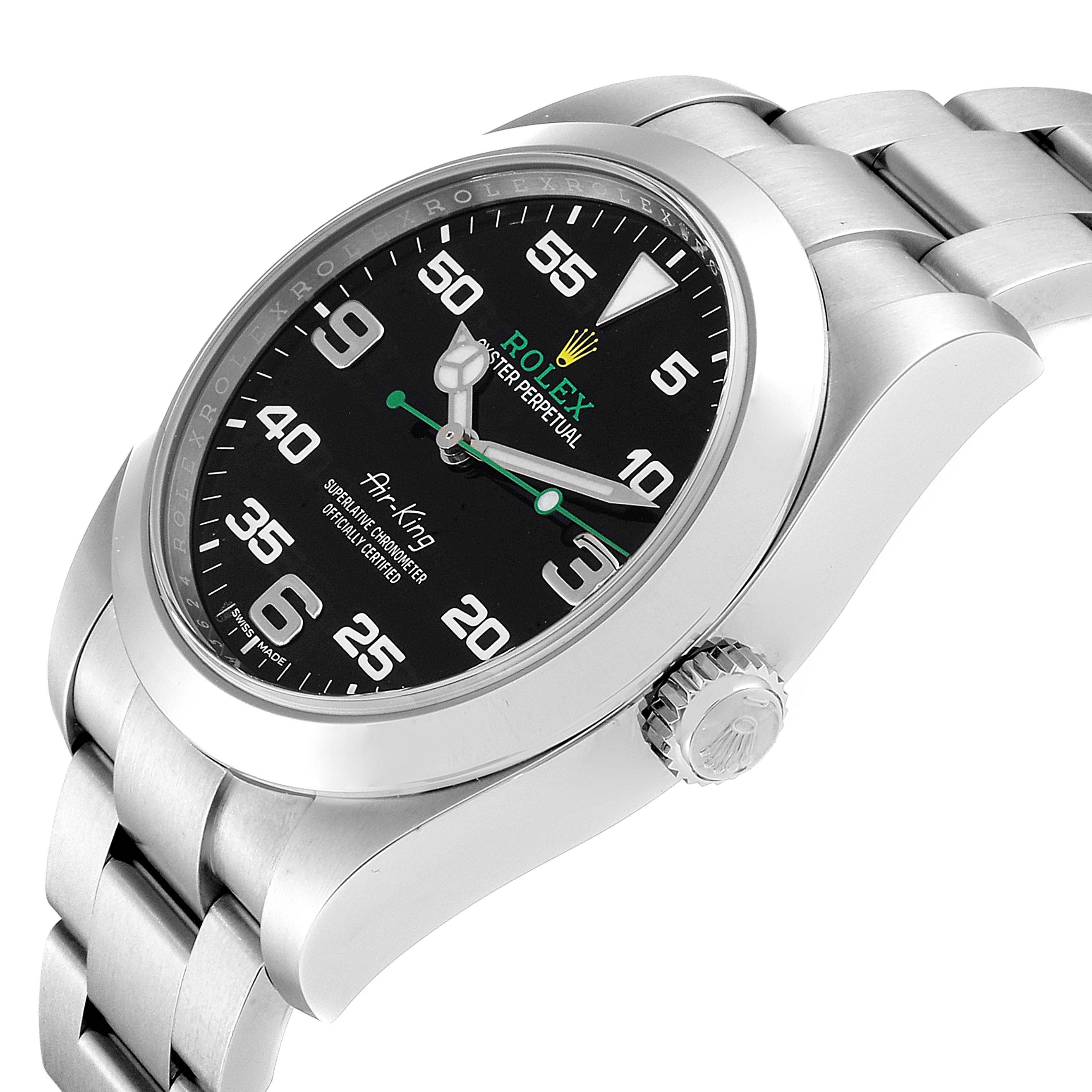 The image shows a side angle of the Rolex Air-King 116900 Men's Stainless Steel Black Dial 116900 Men's Stainless Steel Black Dial watch, highlighting its black dial, crown, and stainless steel bracelet.