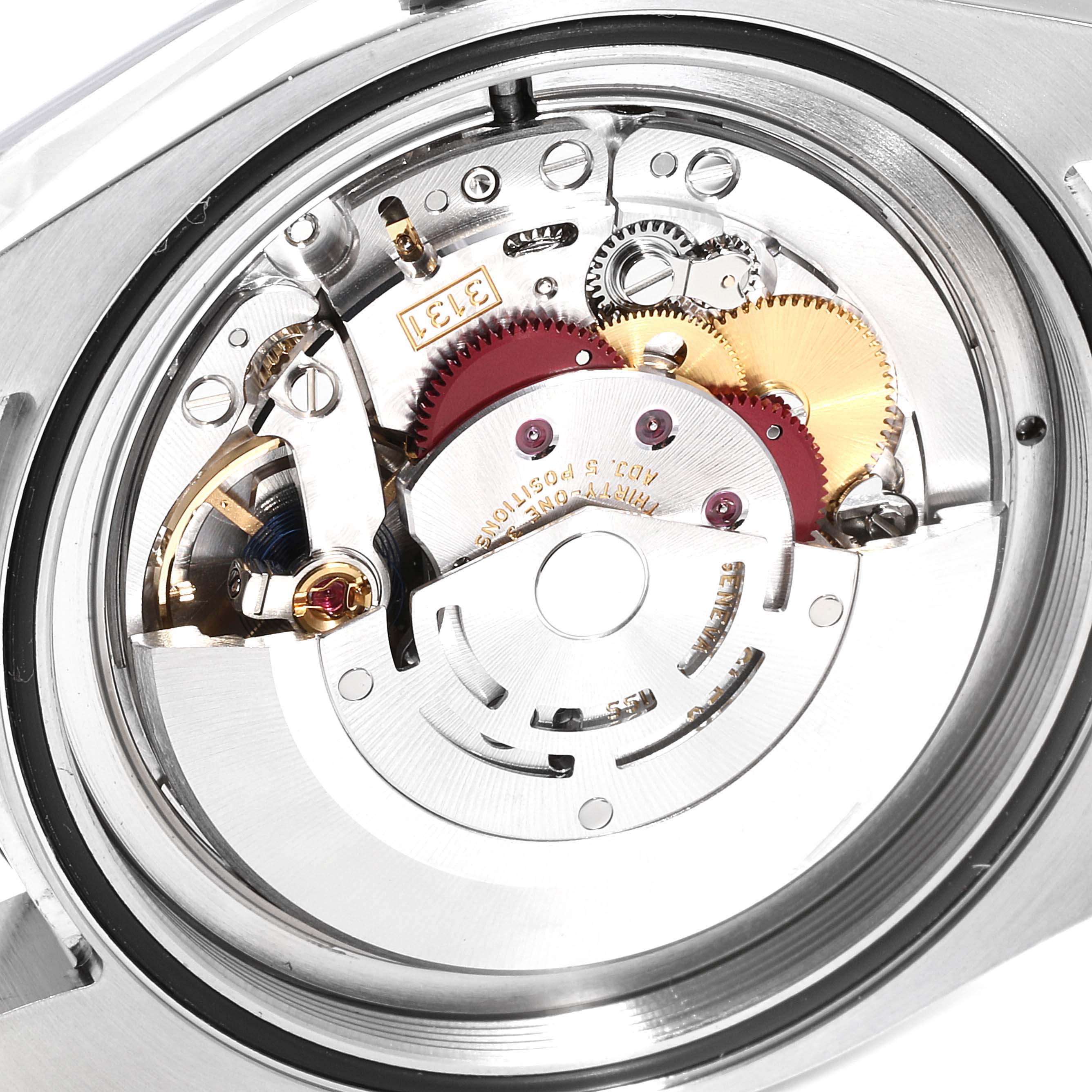 The image shows a close-up of the movement of a Rolex Air-King 116900 Men's Stainless Steel Black Dial 116900 Men's Stainless Steel Black Dial watch without its case back.